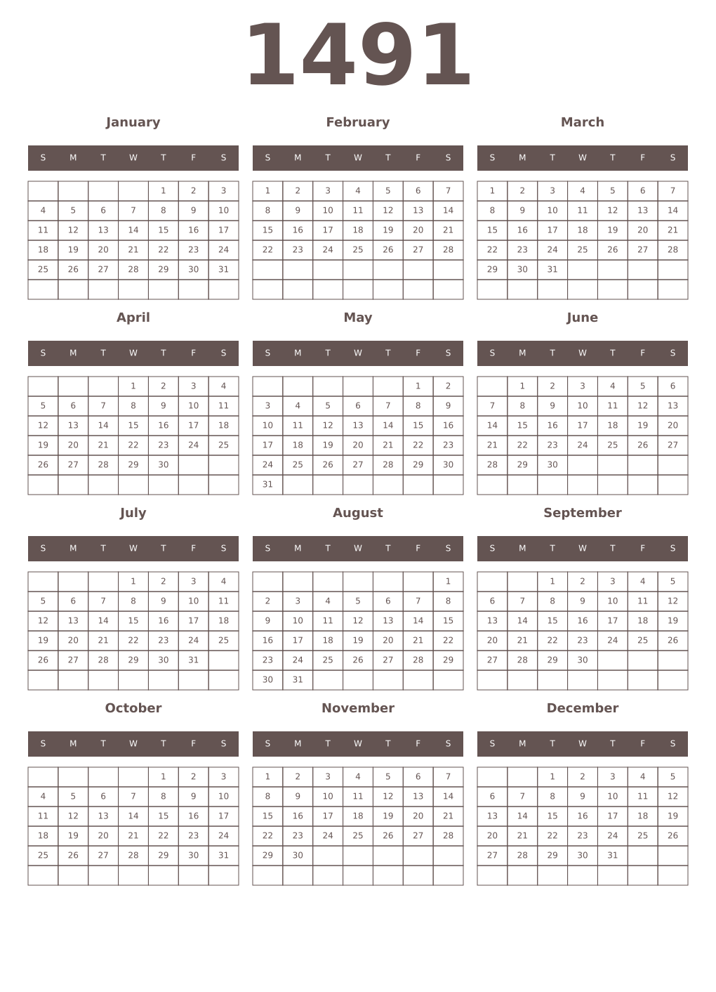 Printable 1491 Year Calendars wenge