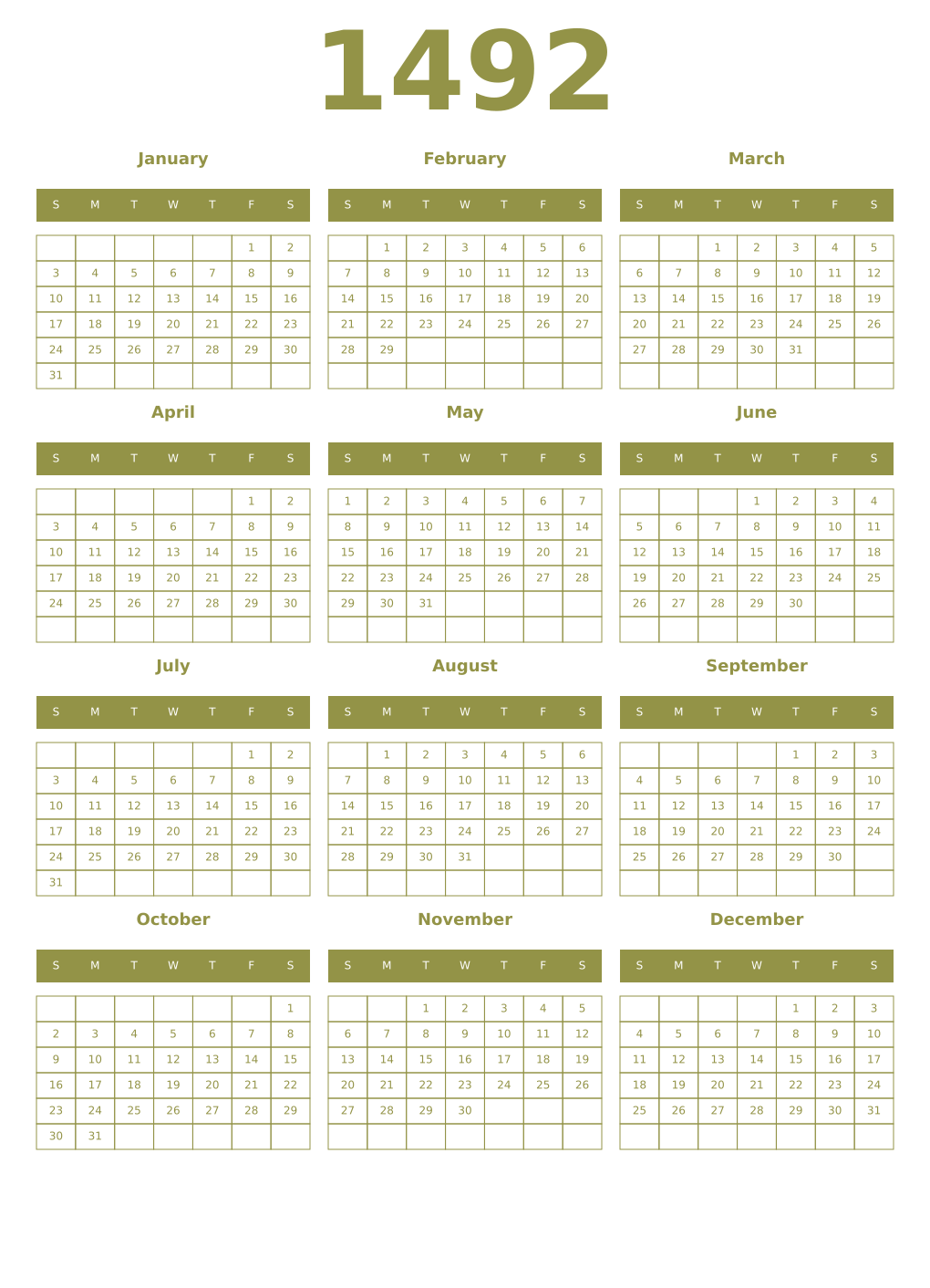 Printable 1492 Year Calendars eburnean