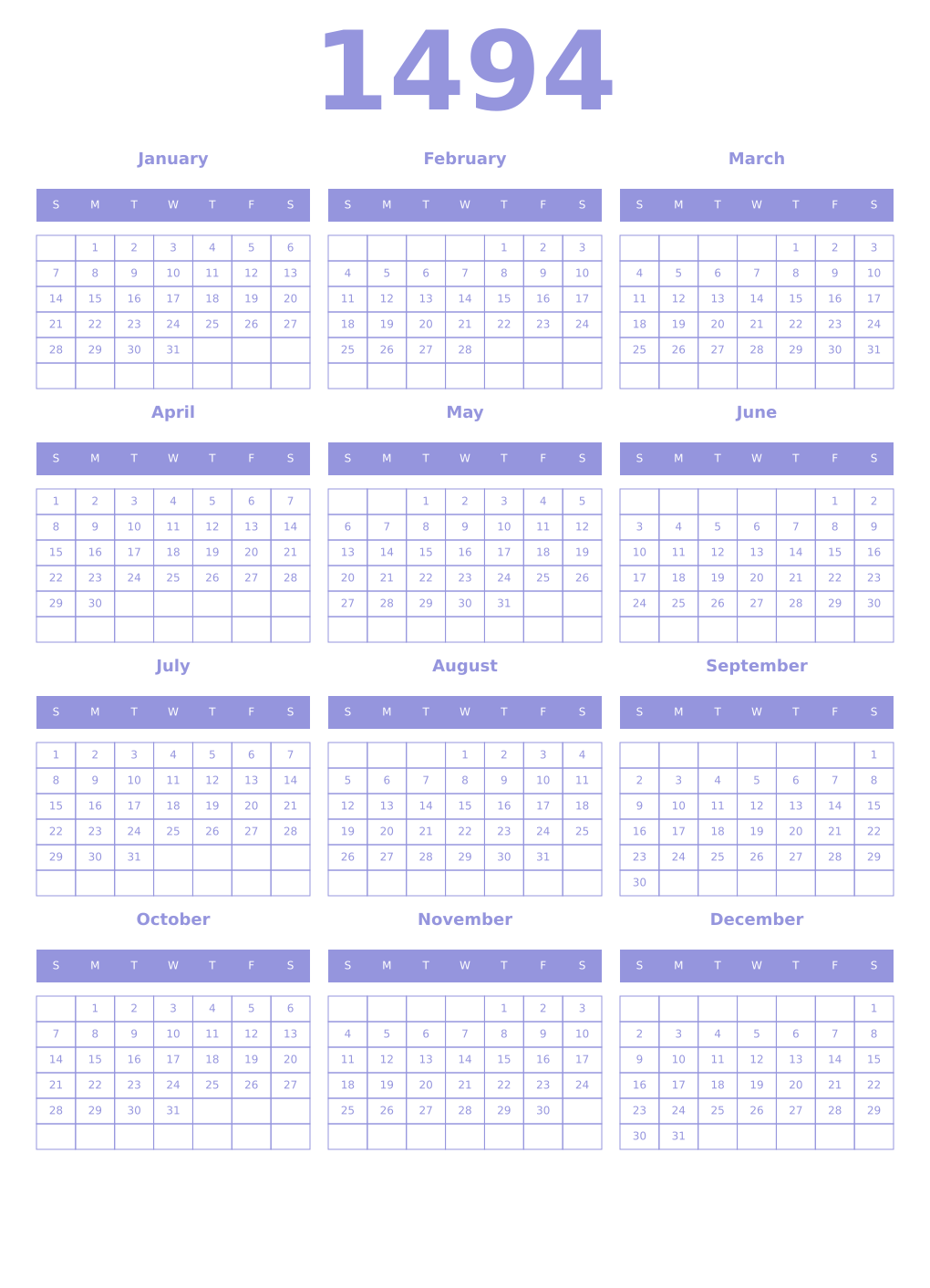 Printable 1494 Year Calendars periwinkle