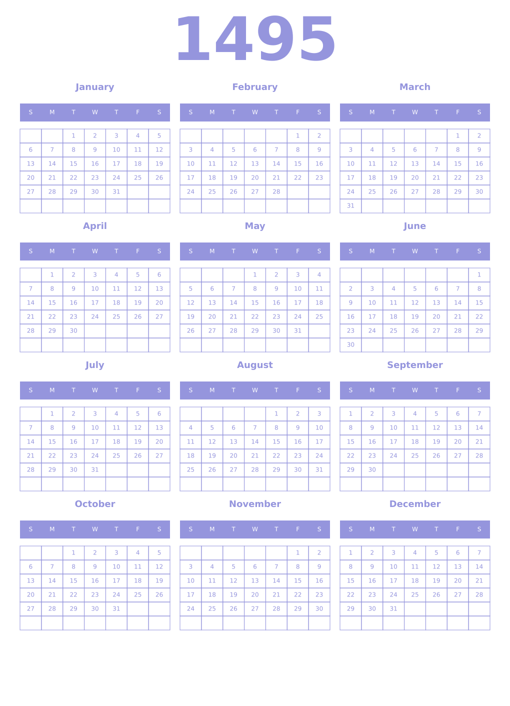 Printable 1495 Year Calendars periwinkle