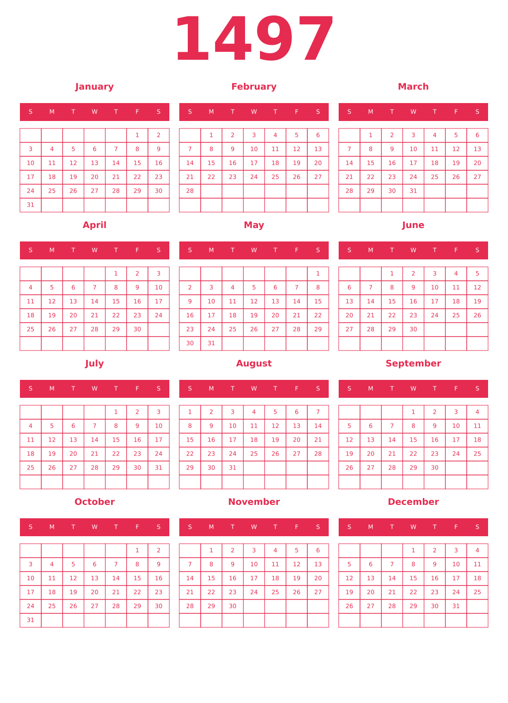 Printable 1497 Year Calendars amaranth