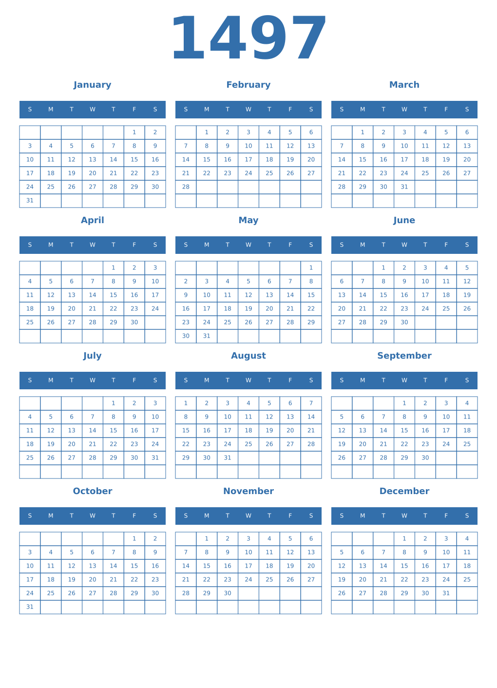 Printable 1497 Year Calendars blue