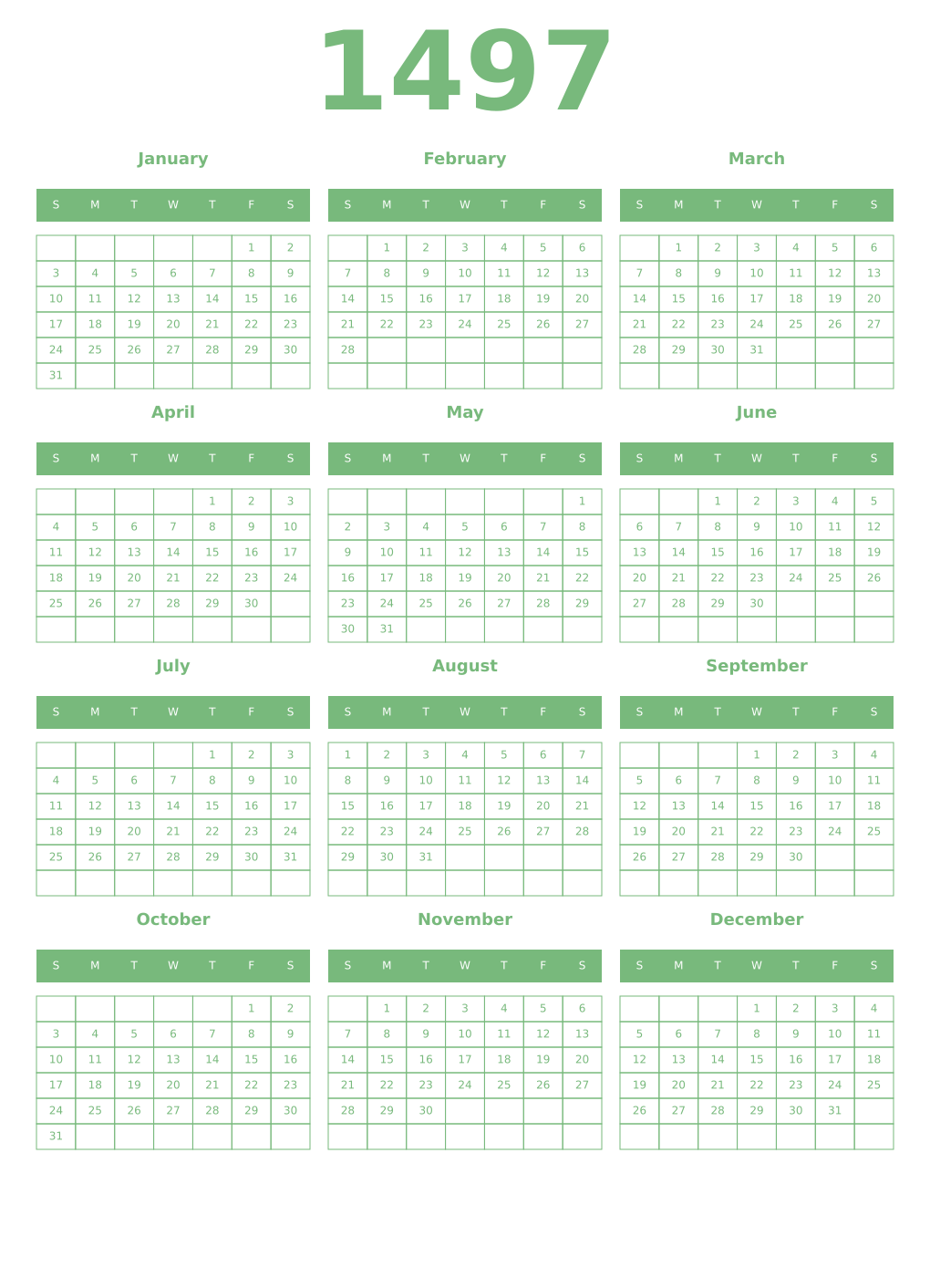 Printable 1497 Year Calendars celadon