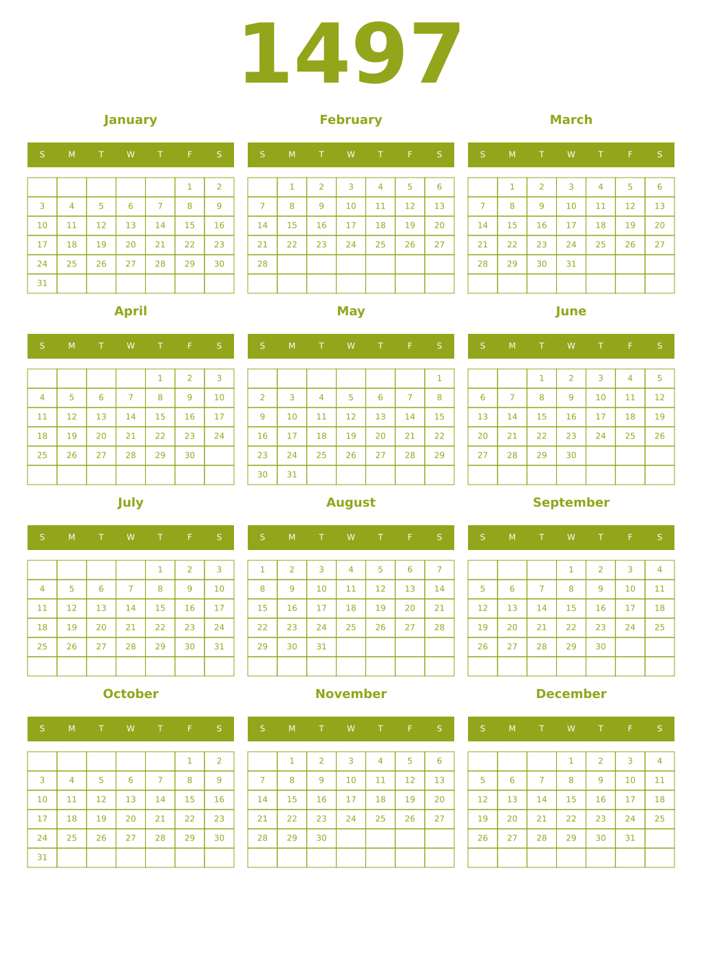 Printable 1497 Year Calendars chartreuse