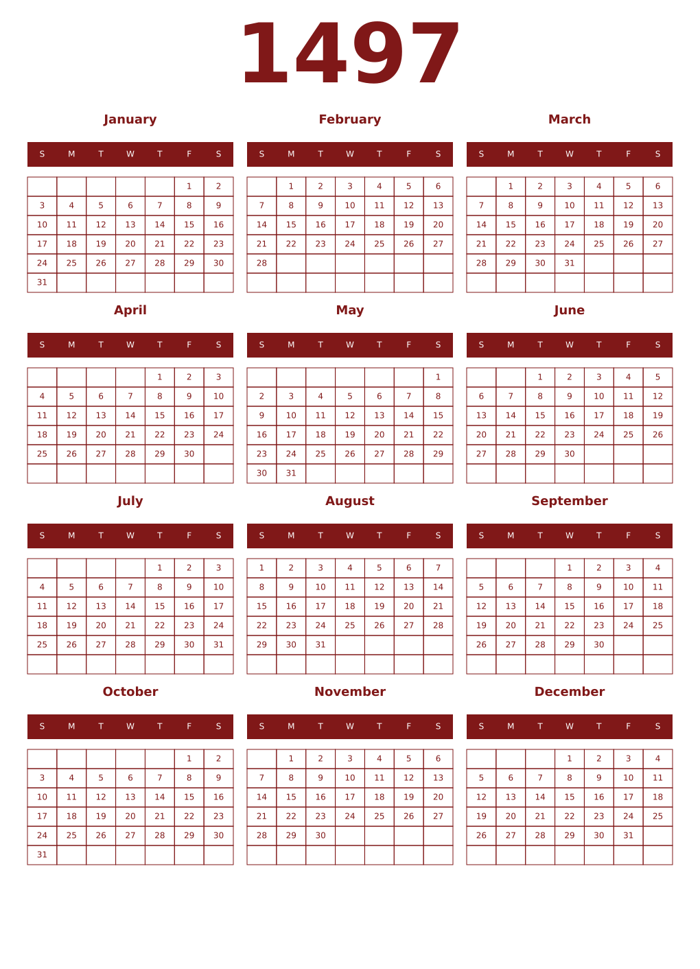 Printable 1497 Year Calendars falu