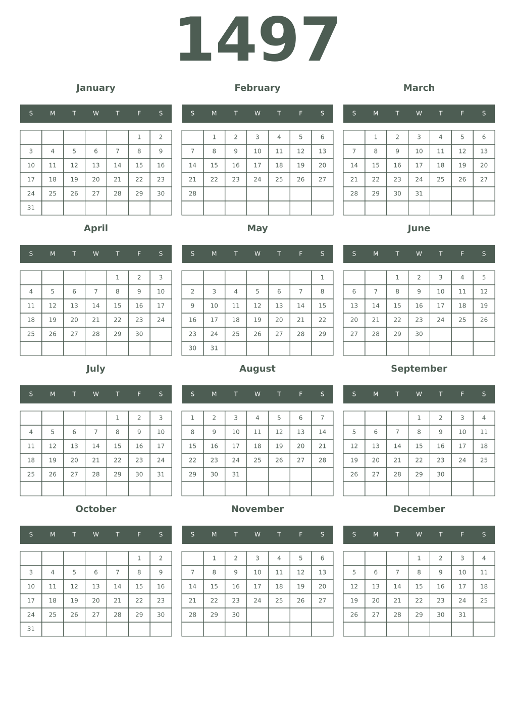Printable 1497 Year Calendars feldgrau
