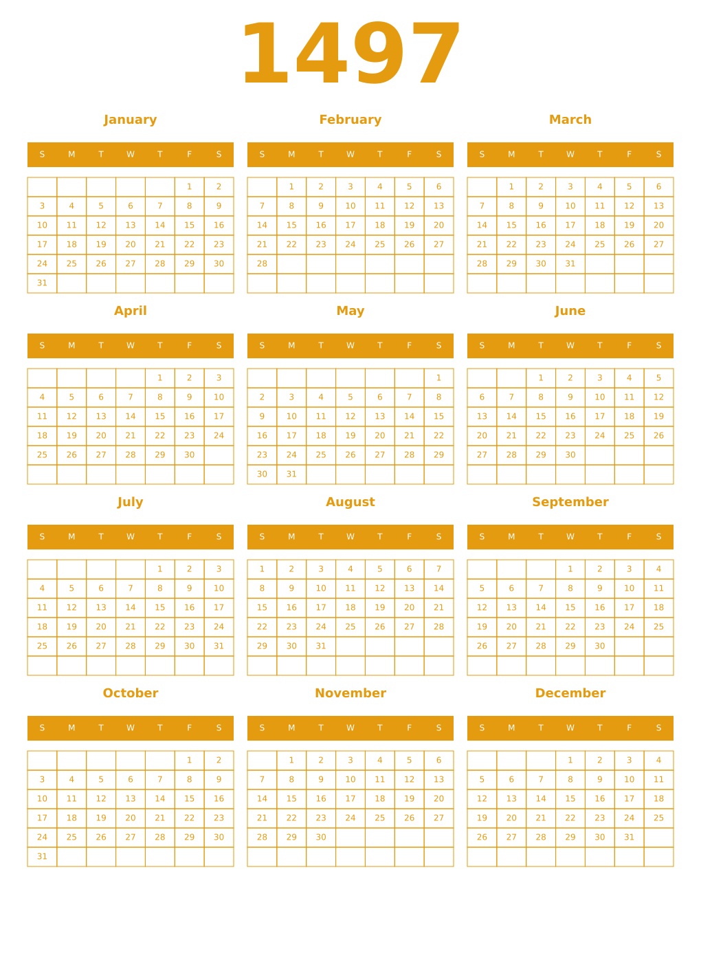 Printable 1497 Year Calendars gamboge