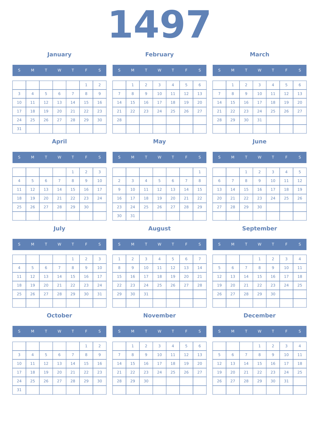 Printable 1497 Year Calendars glaucous