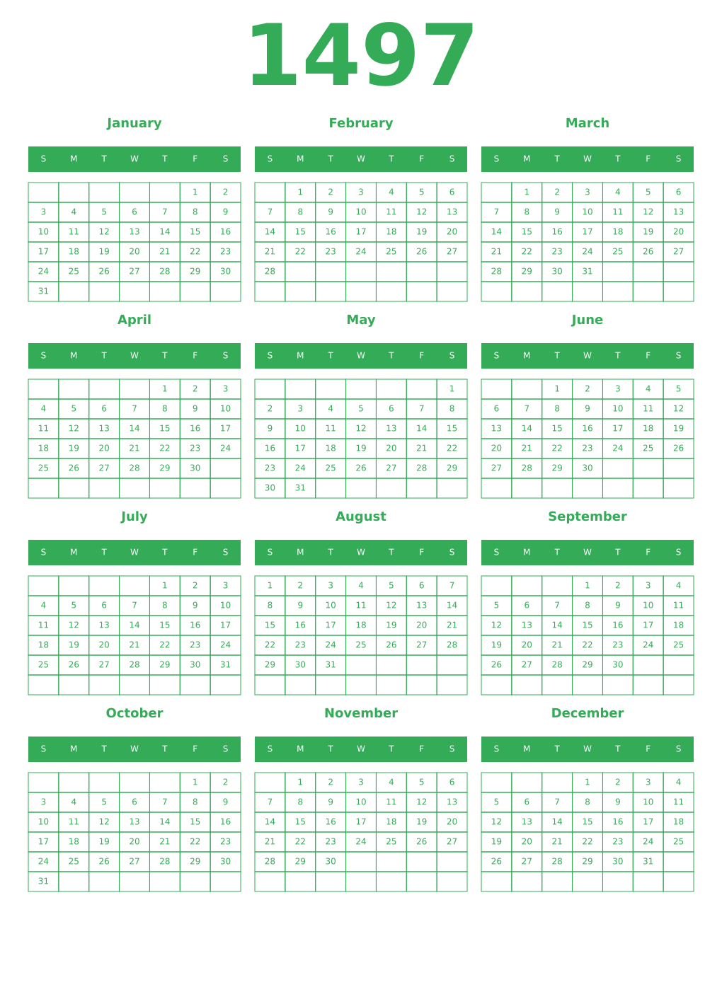 Printable 1497 Year Calendars green