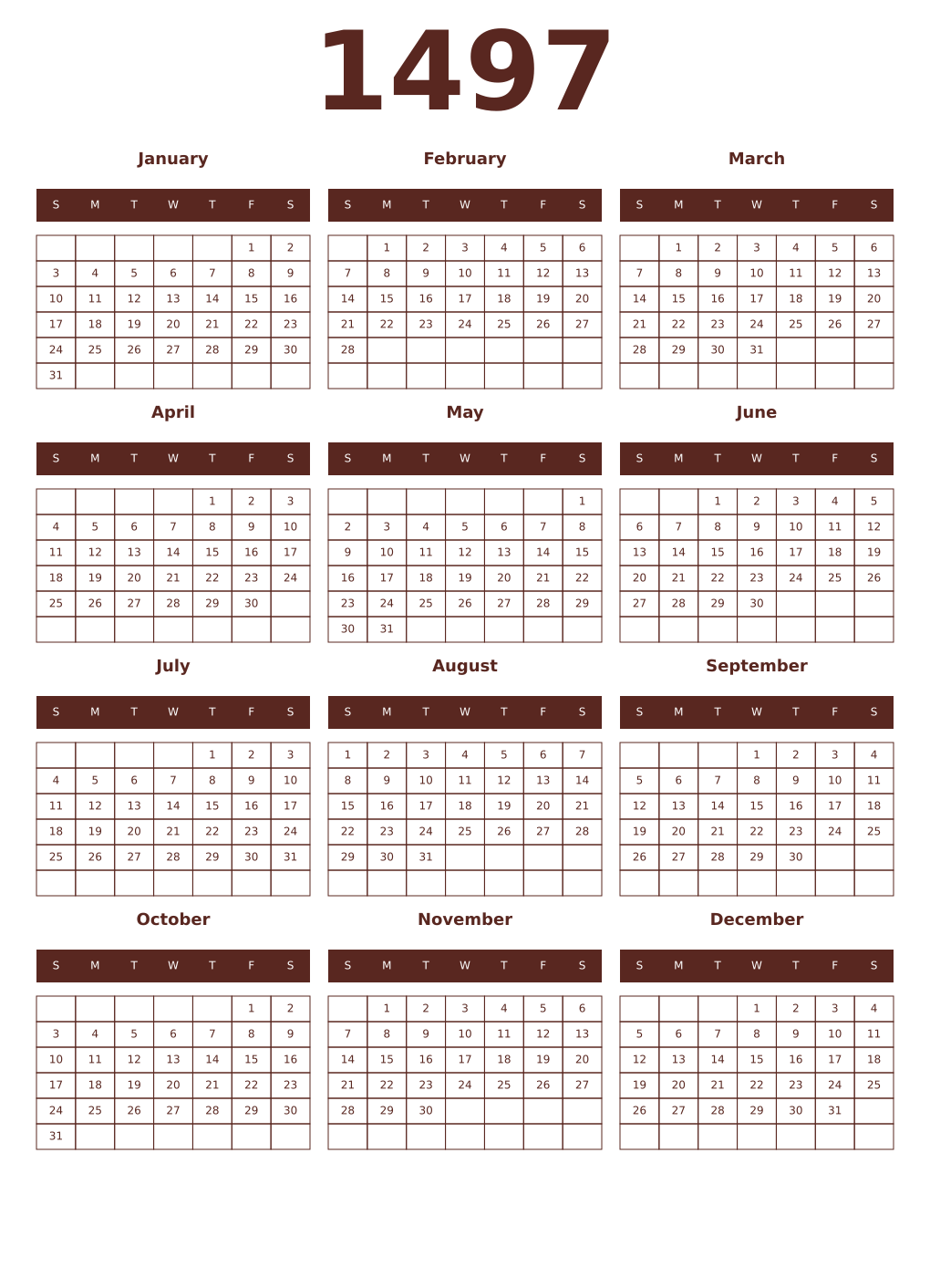 Printable 1497 Year Calendars mortuum