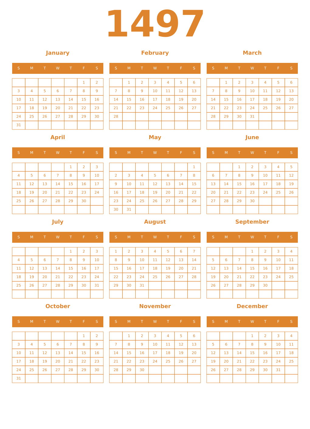 Printable 1497 Year Calendars orange
