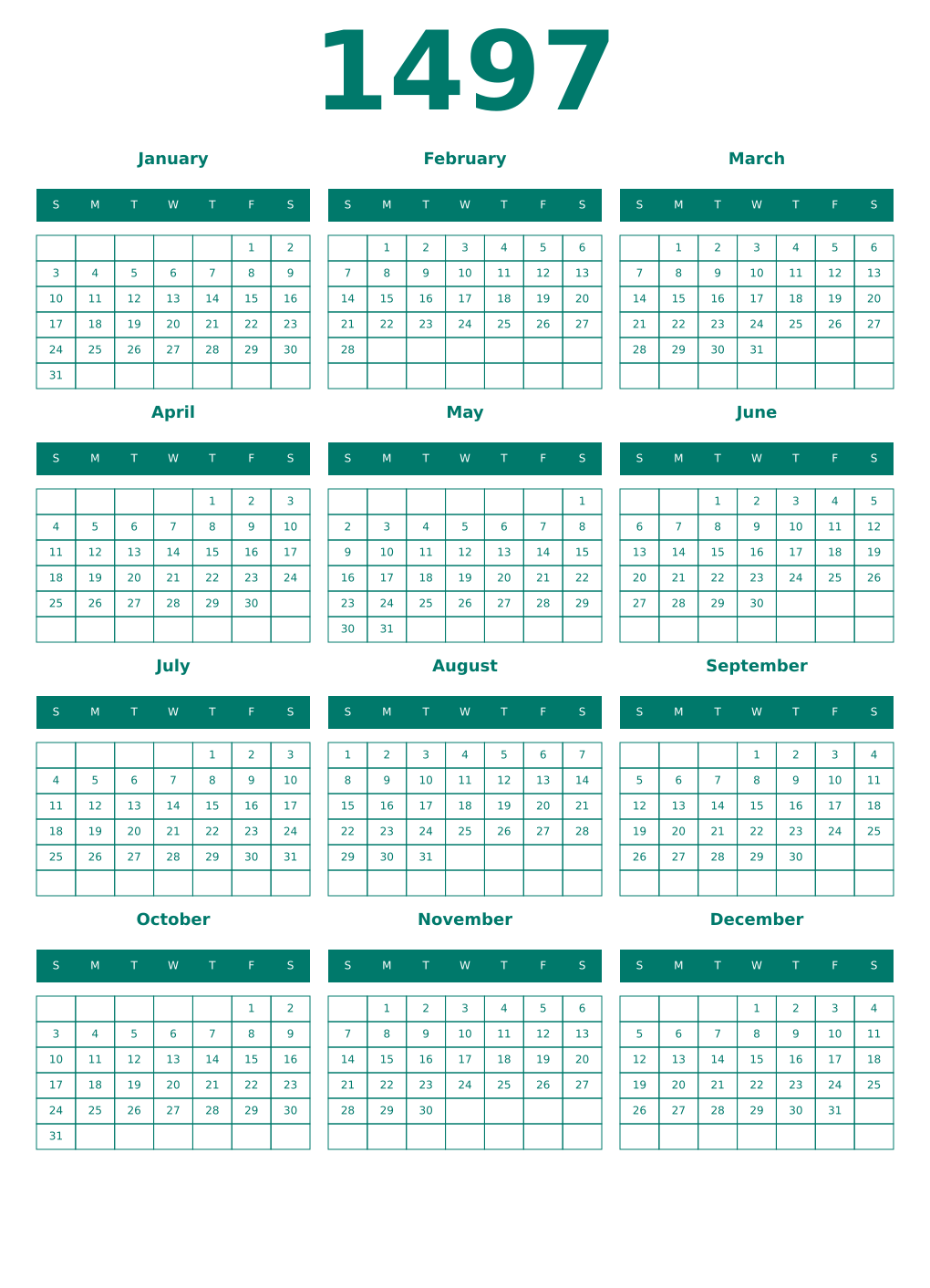 Printable 1497 Year Calendars pastel