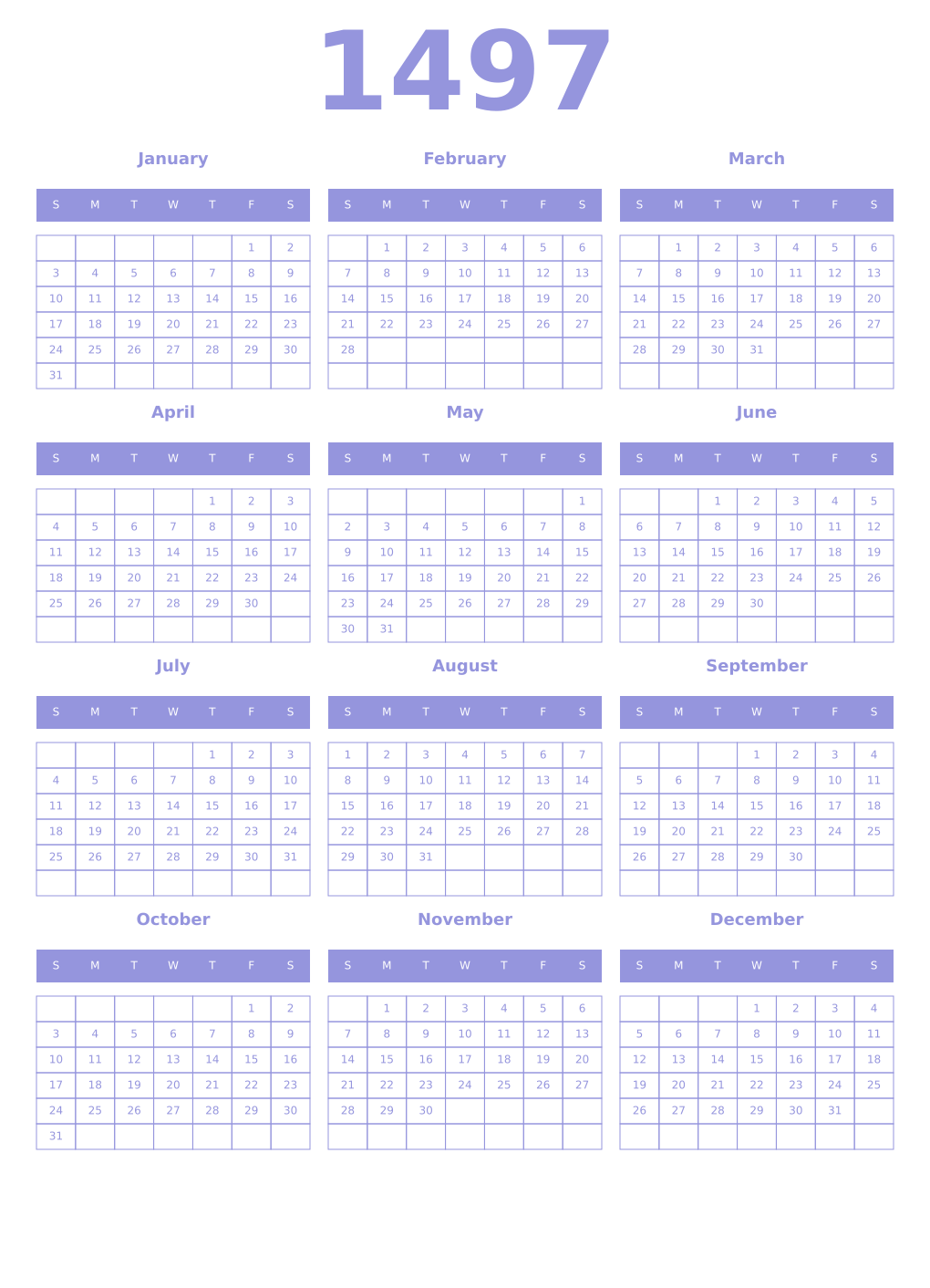 Printable 1497 Year Calendars periwinkle