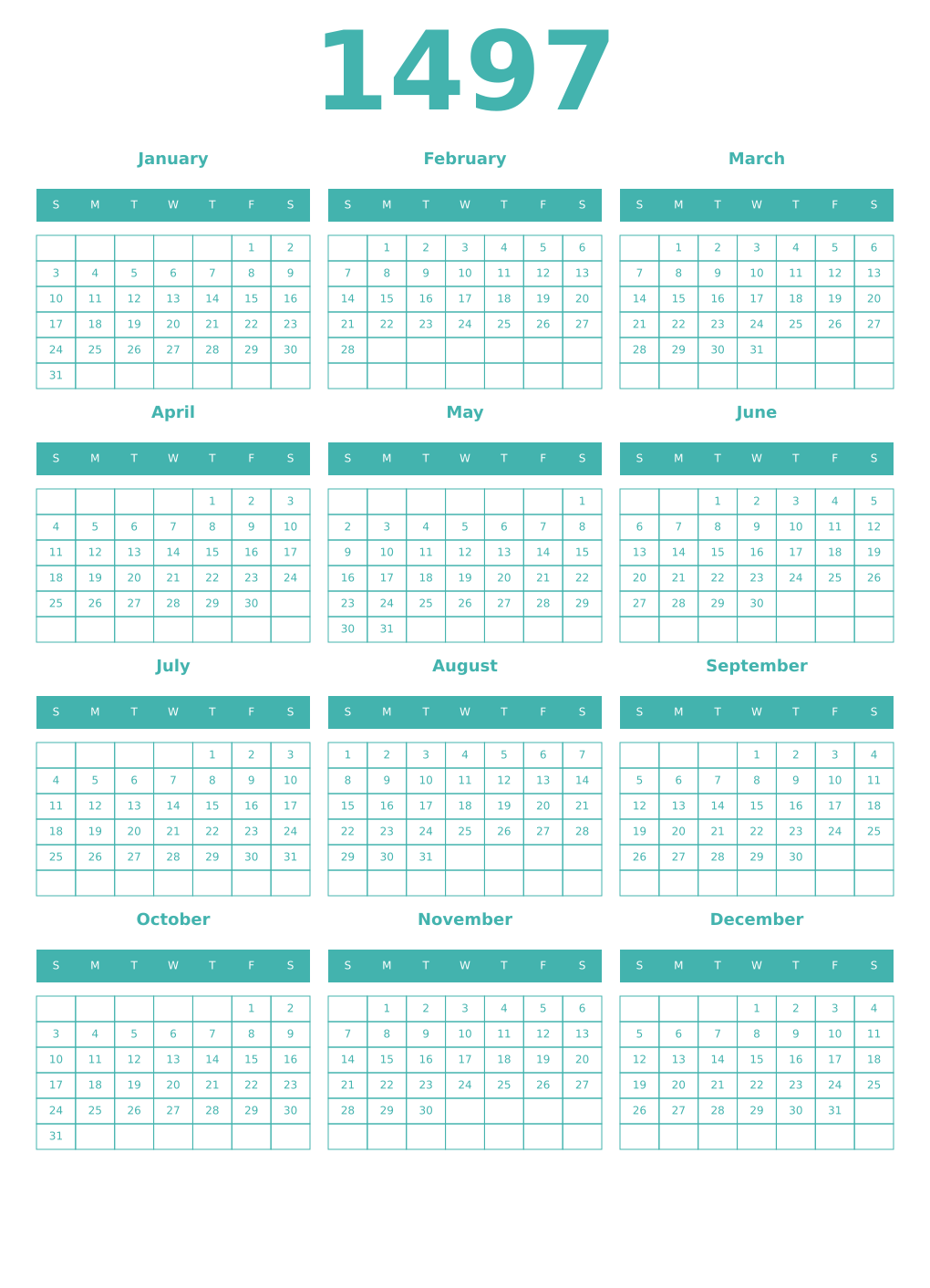 Printable 1497 Year Calendars verdigris