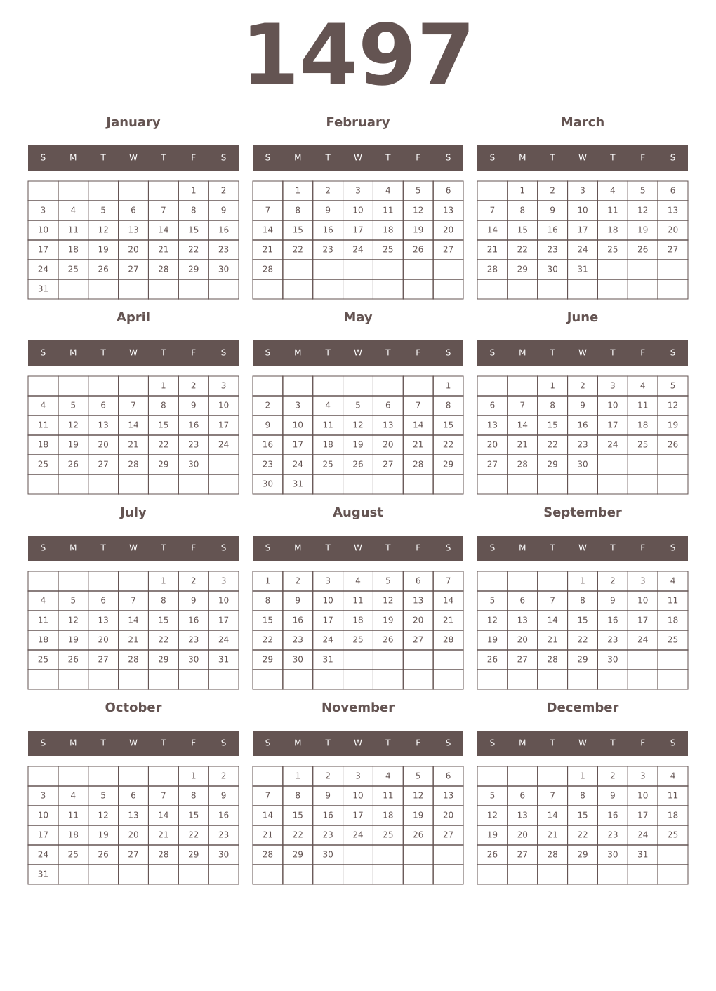 Printable 1497 Year Calendars wenge