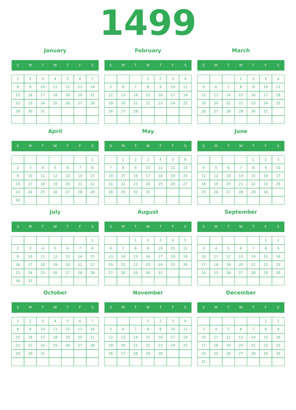 Printable 1499 Year Calendars green