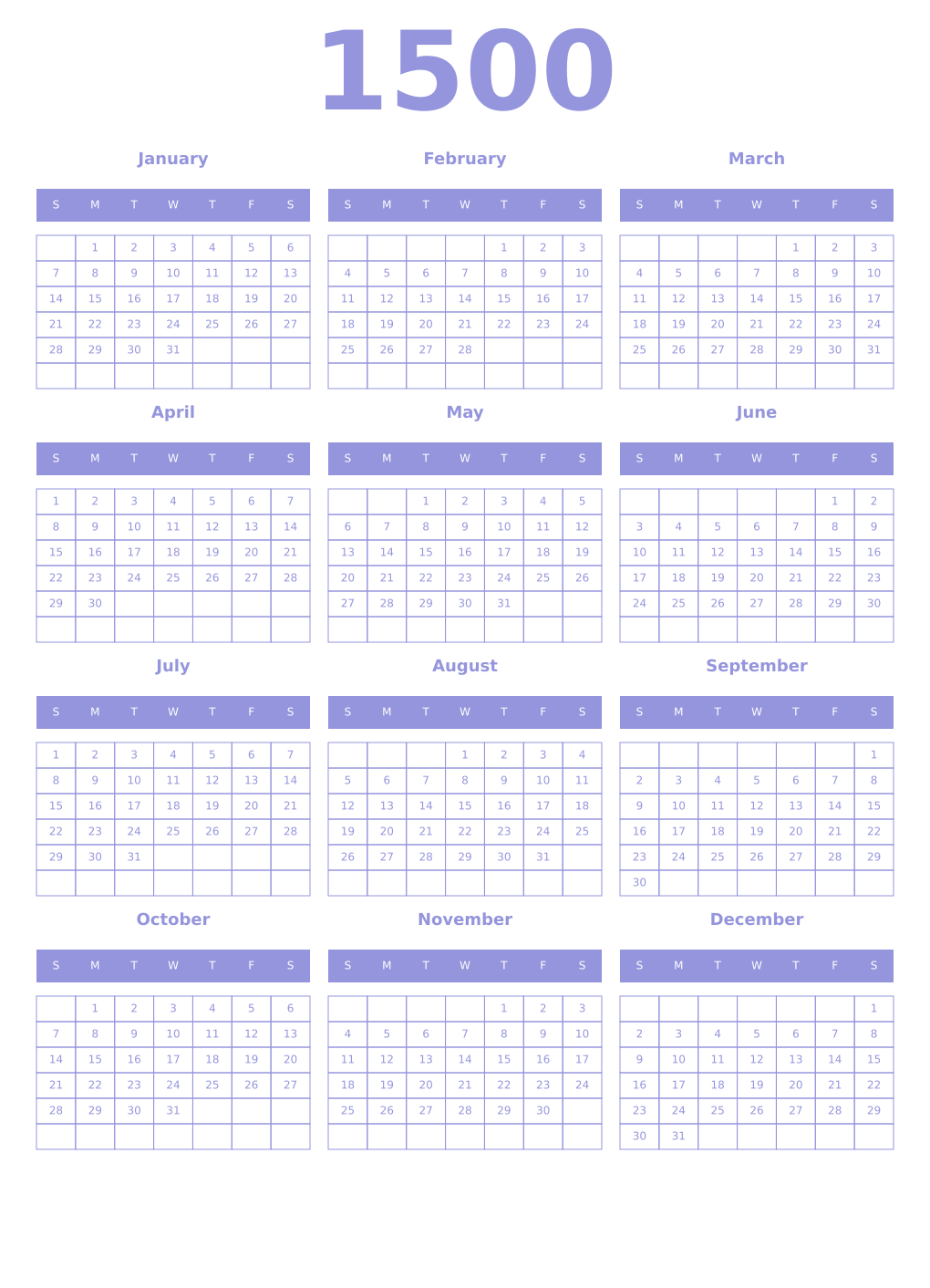 Printable 1500 Year Calendars periwinkle