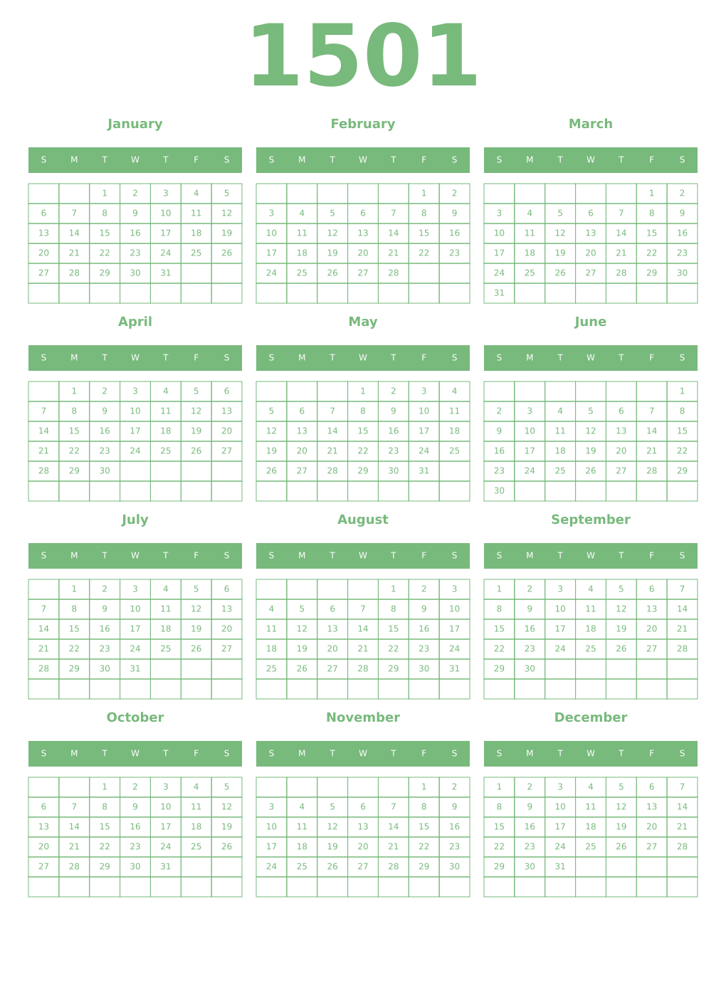 Printable 1501 Year Calendars celadon