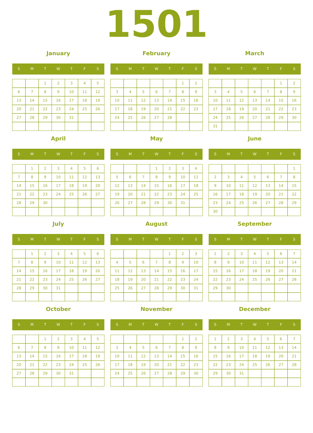 Printable 1501 Year Calendars chartreuse