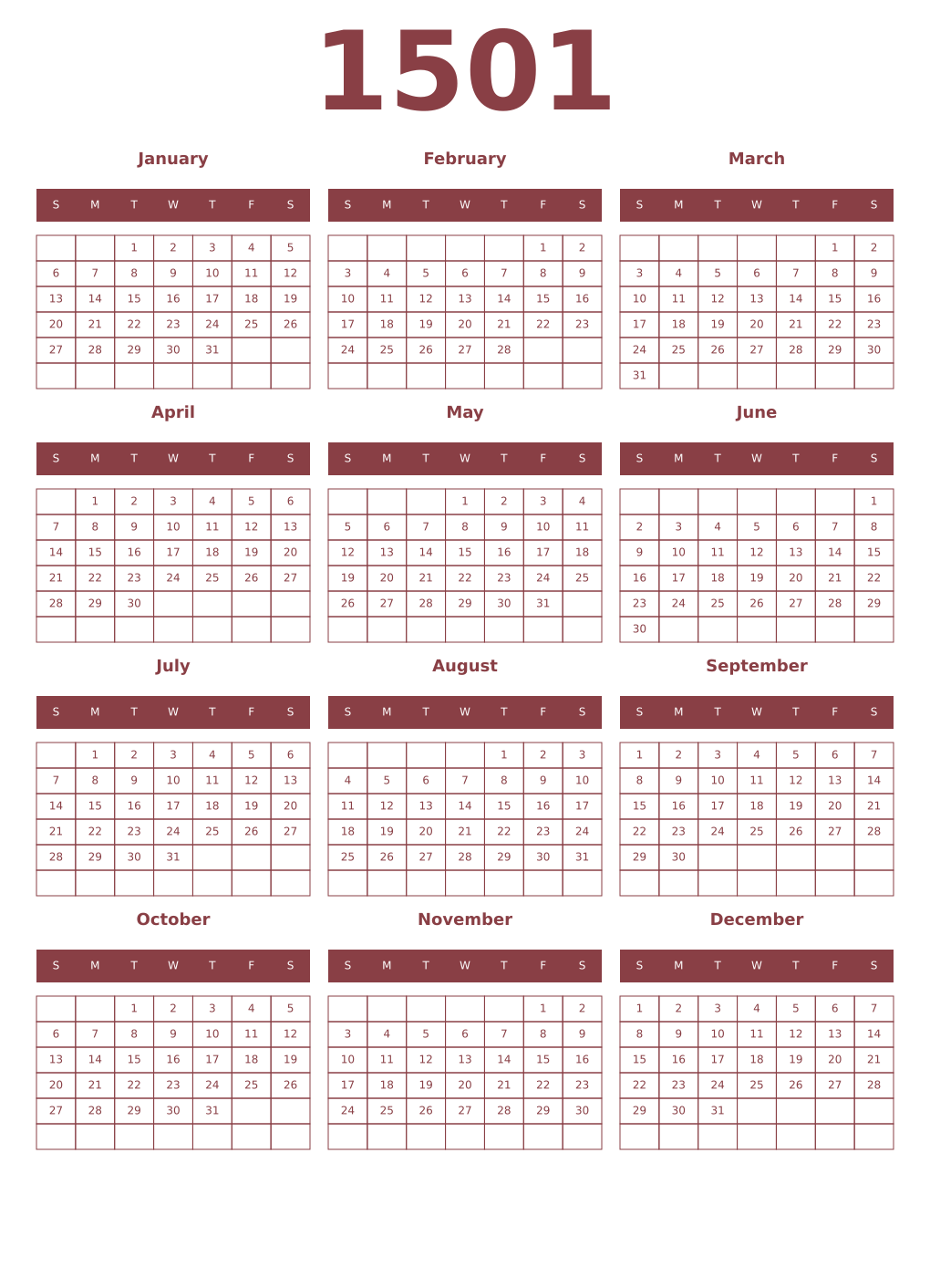 Printable 1501 Year Calendars cordovan