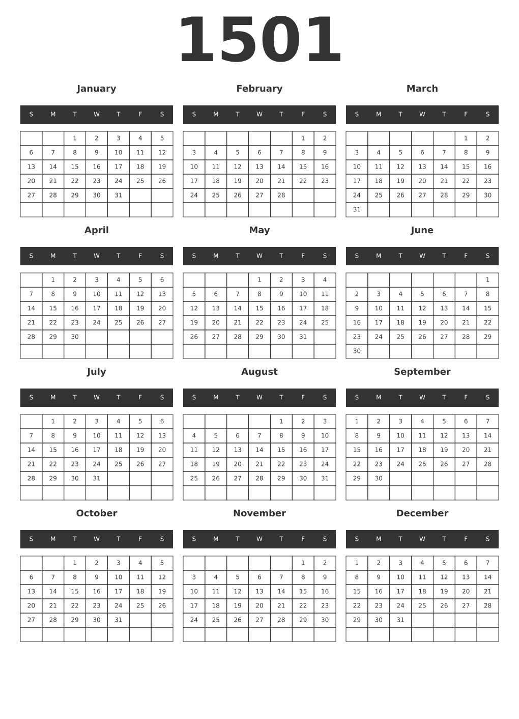 Printable 1501 Year Calendars dark
