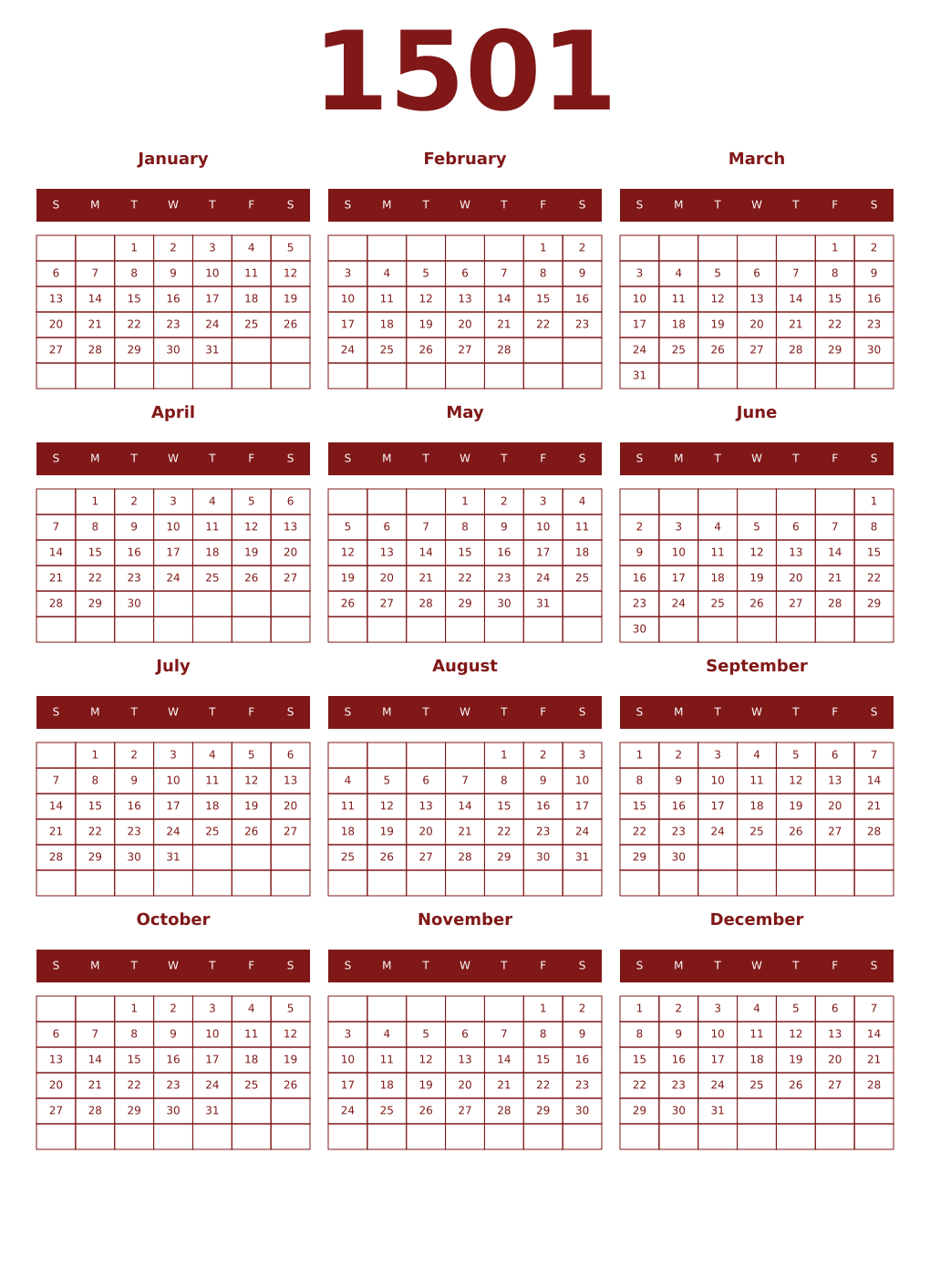 Printable 1501 Year Calendars falu