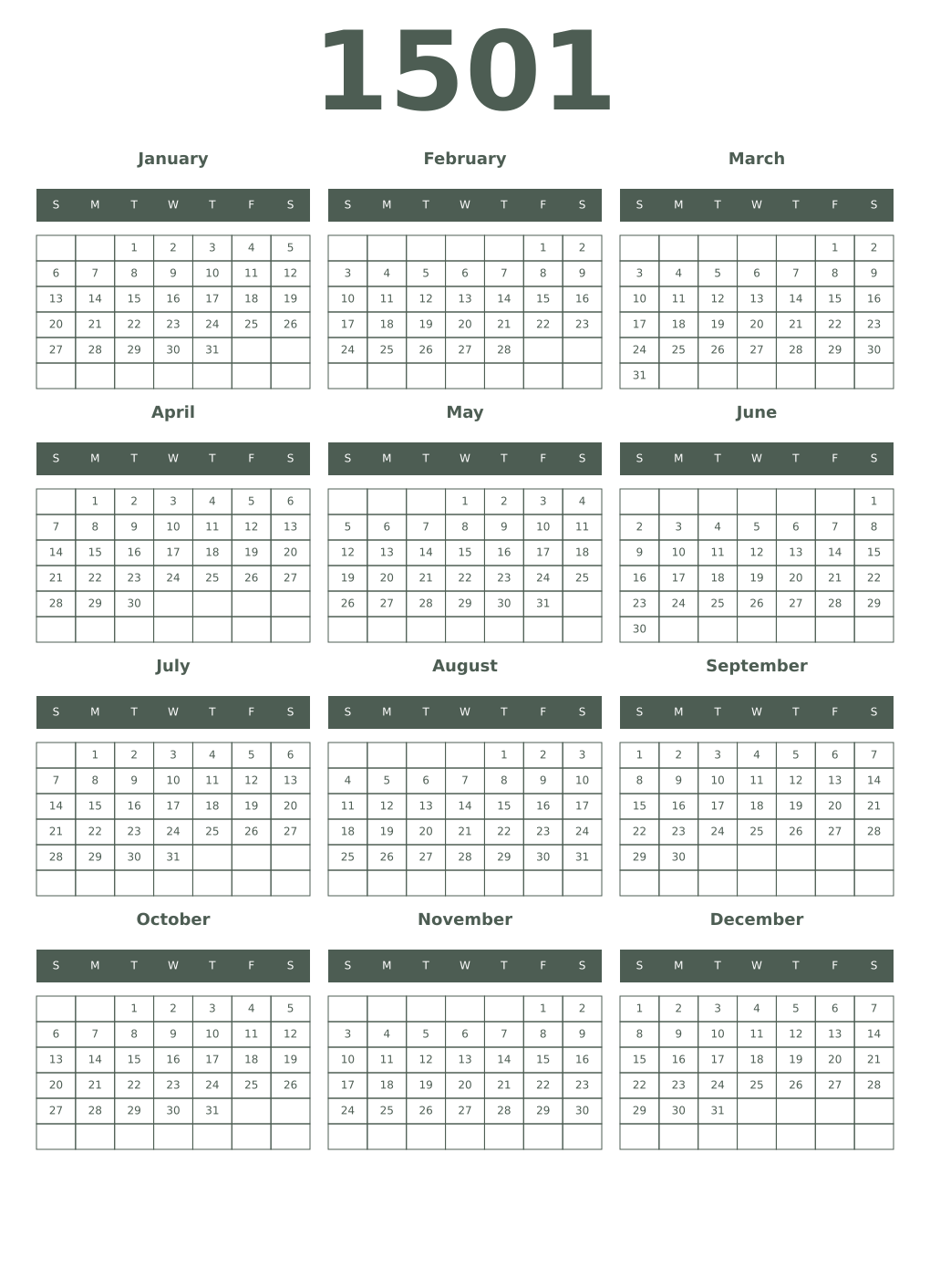 Printable 1501 Year Calendars feldgrau
