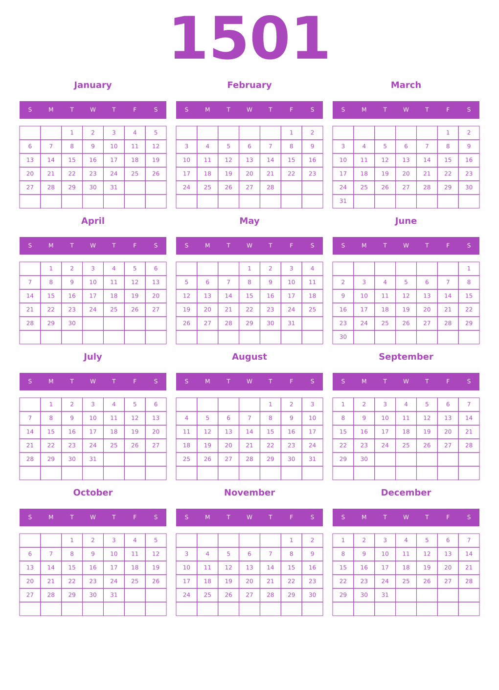 Printable 1501 Year Calendars purple