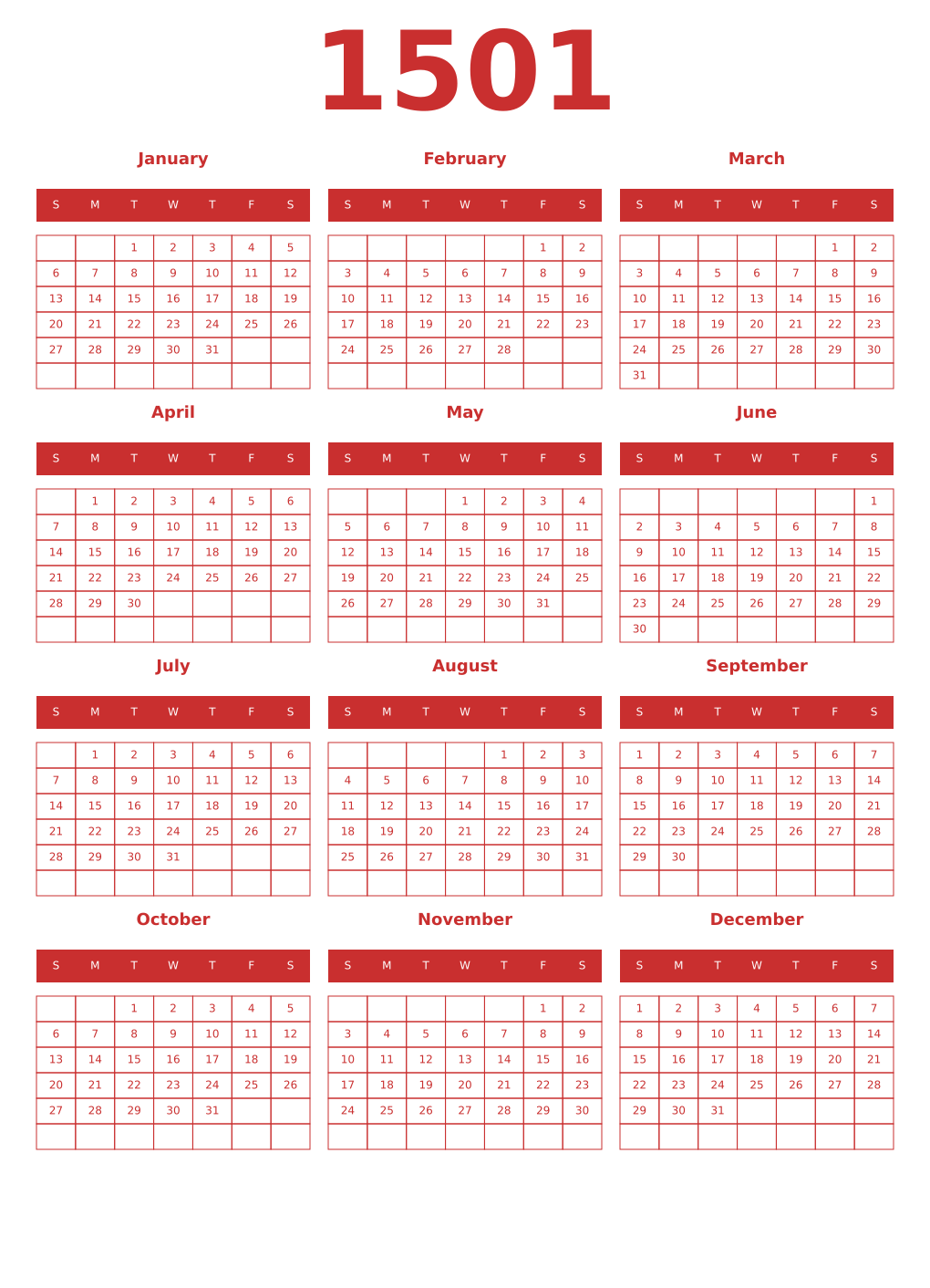 Printable 1501 Year Calendars red