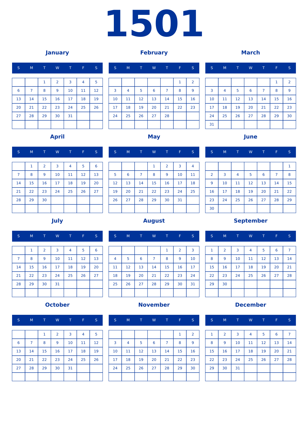 Printable 1501 Year Calendars smalt