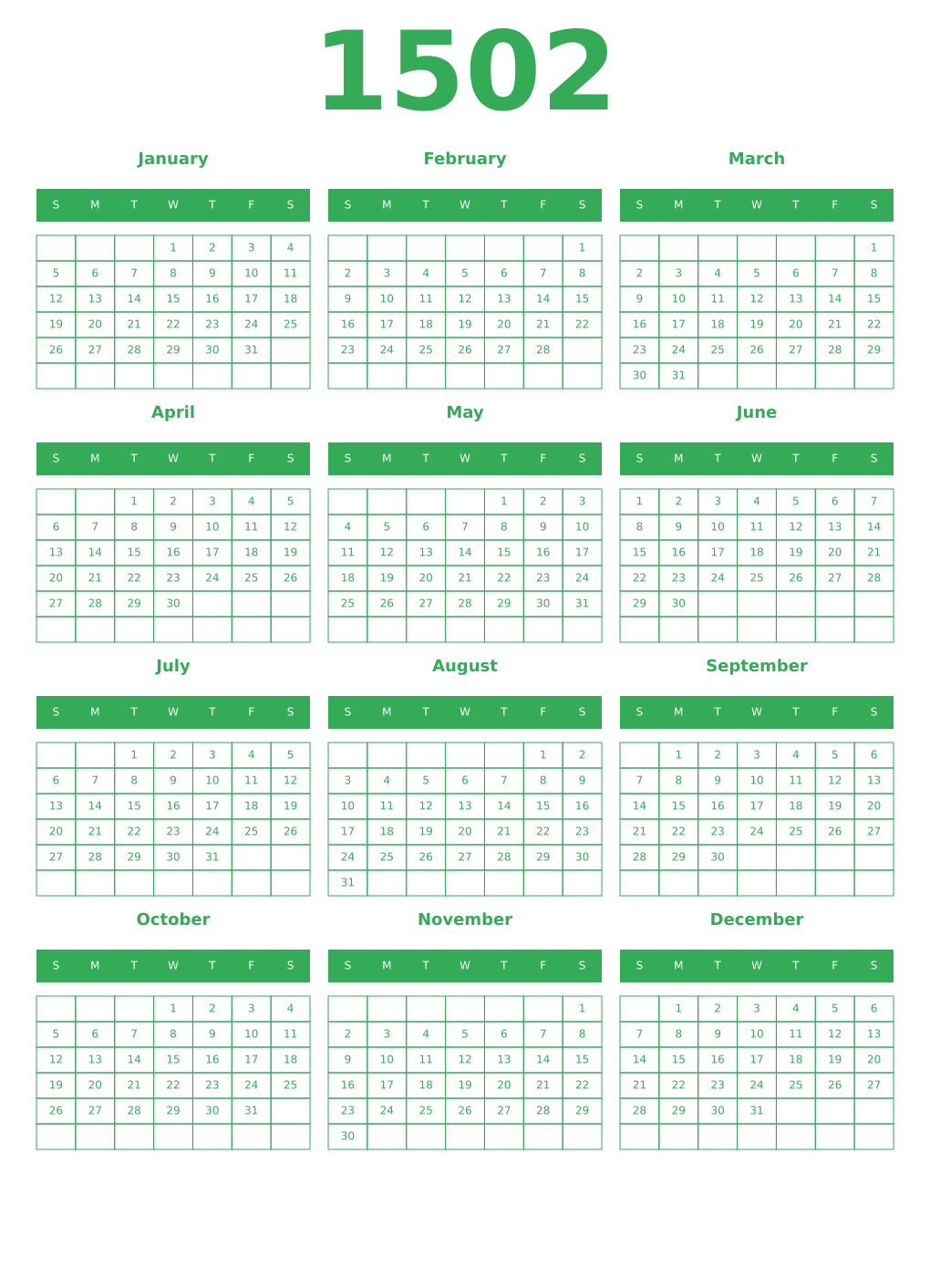 Printable 1502 Year Calendars green