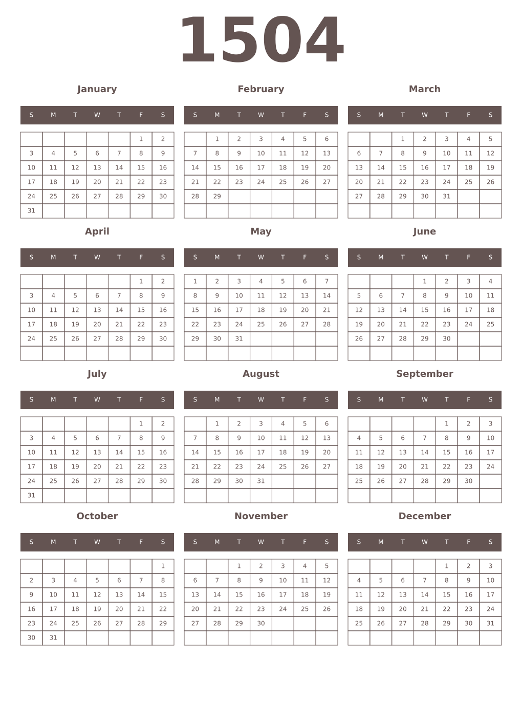 Printable 1504 Year Calendars wenge