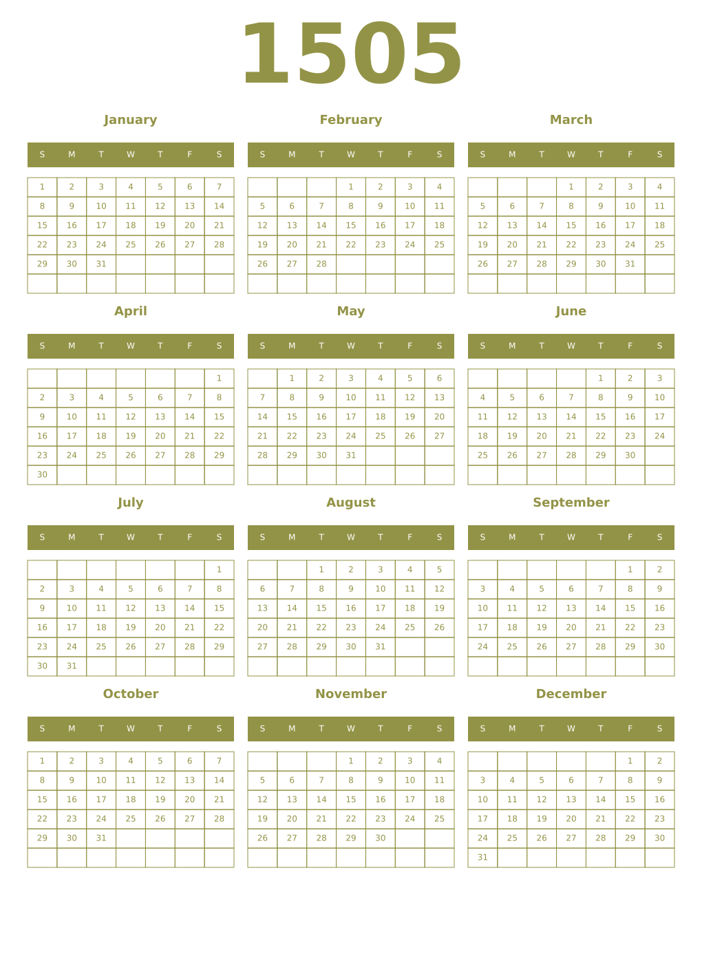 Printable 1505 Year Calendars eburnean