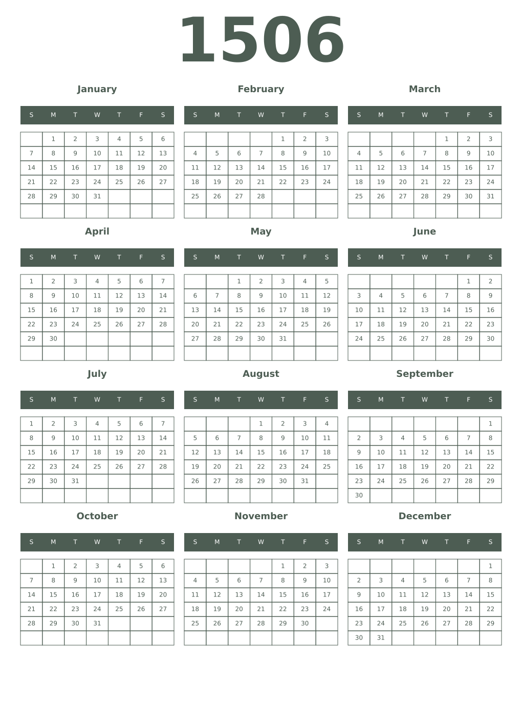 Printable 1506 Year Calendars feldgrau