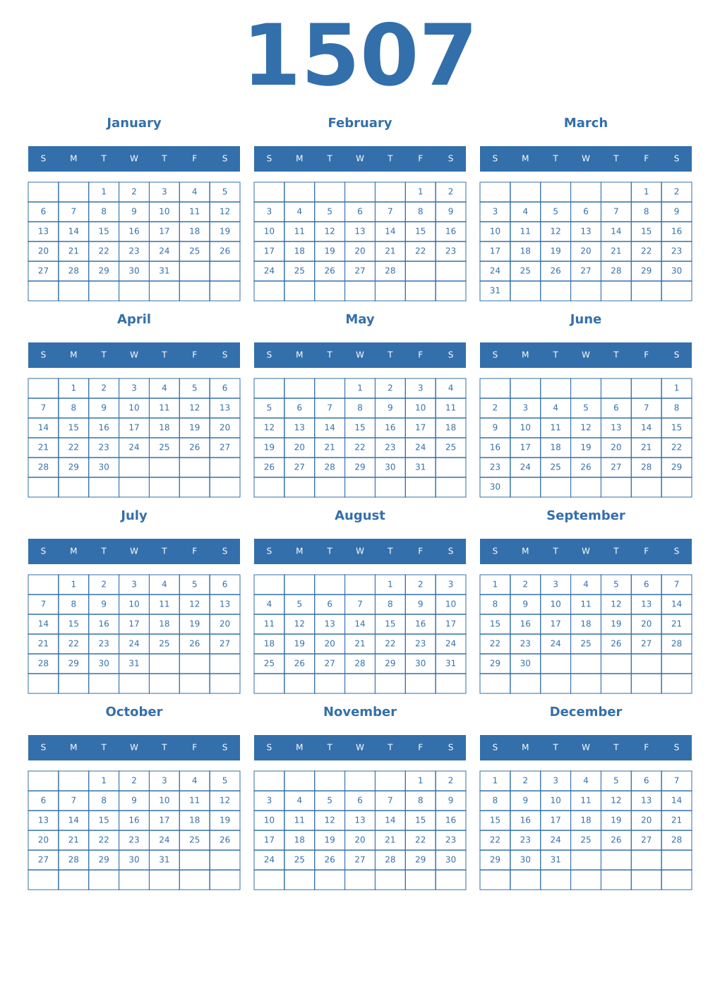 Printable 1507 Year Calendars blue