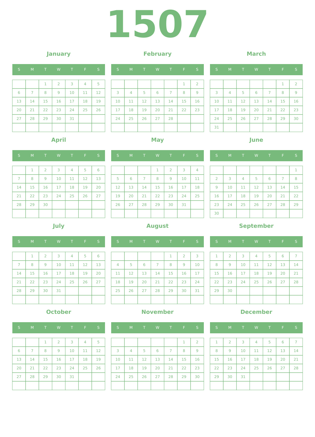 Printable 1507 Year Calendars celadon