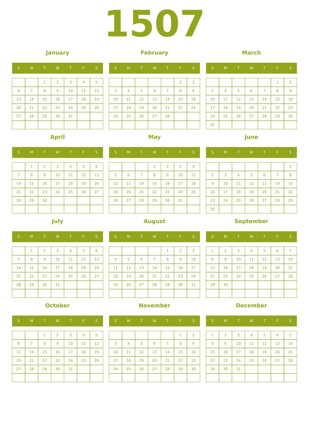 Printable 1507 Year Calendars chartreuse