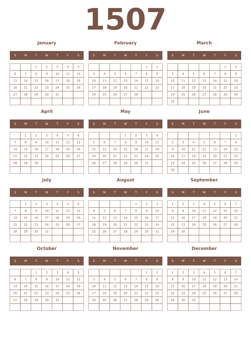 Printable 1507 Year Calendars coffe