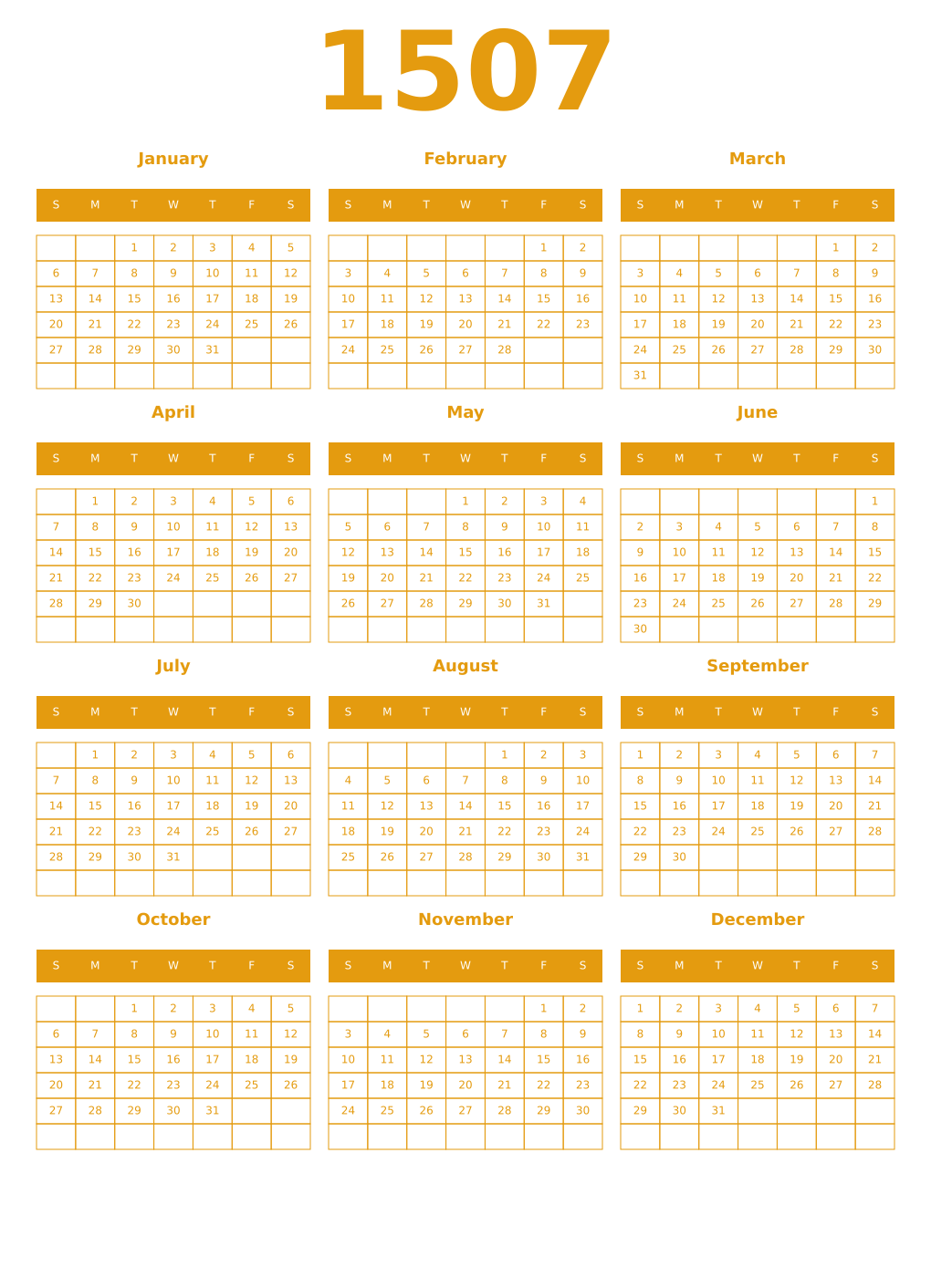 Printable 1507 Year Calendars gamboge