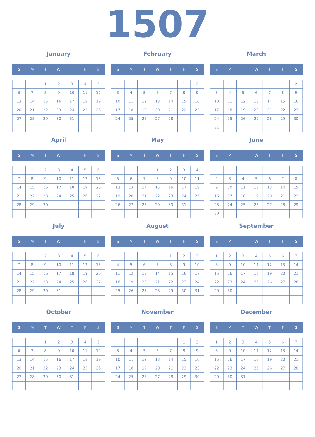 Printable 1507 Year Calendars glaucous