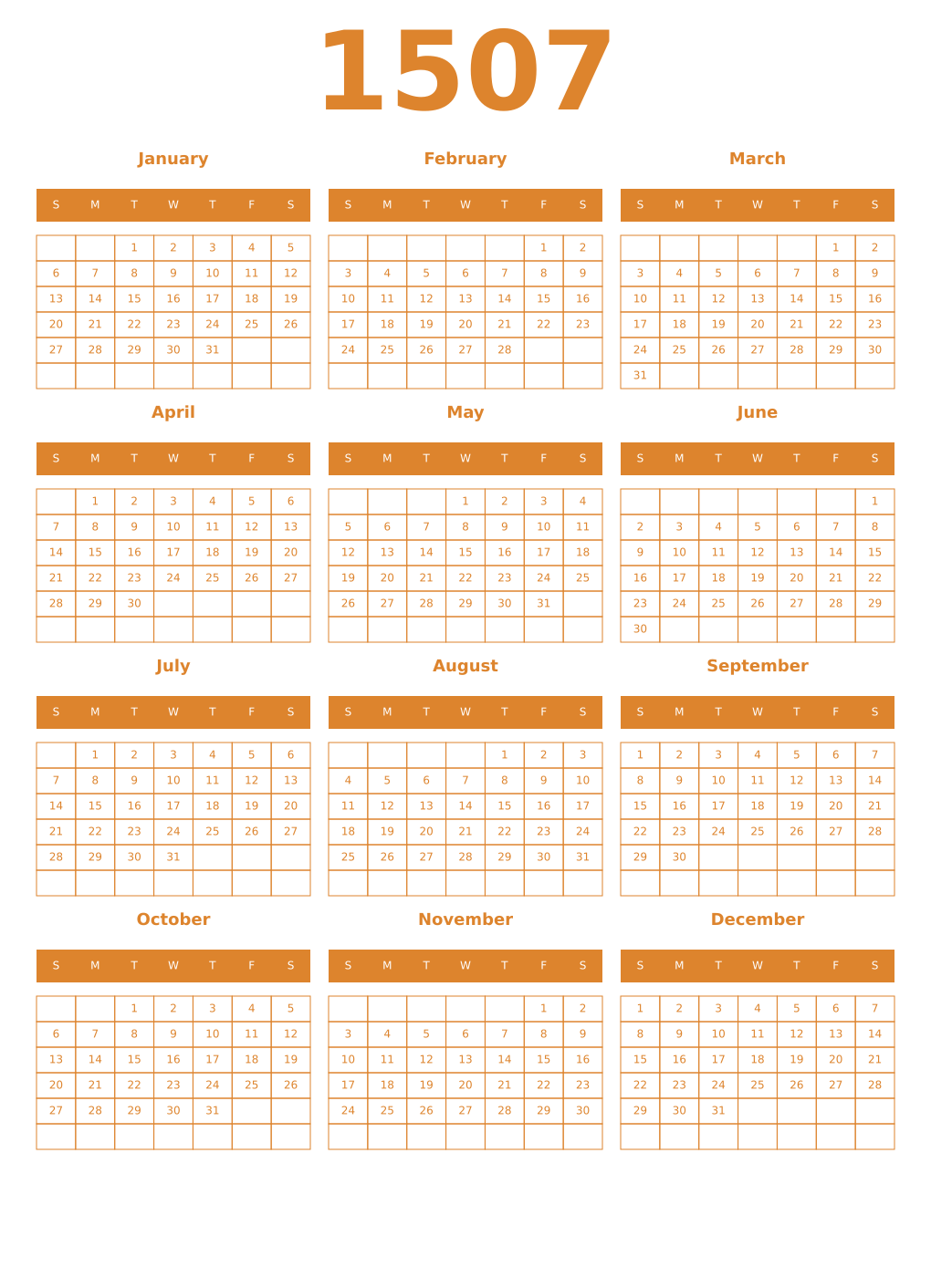 Printable 1507 Year Calendars orange