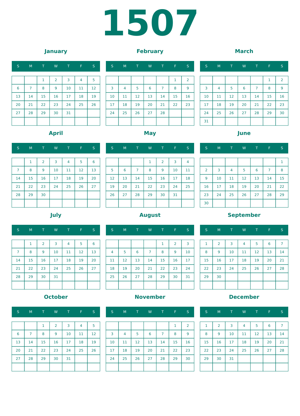 Printable 1507 Year Calendars pastel