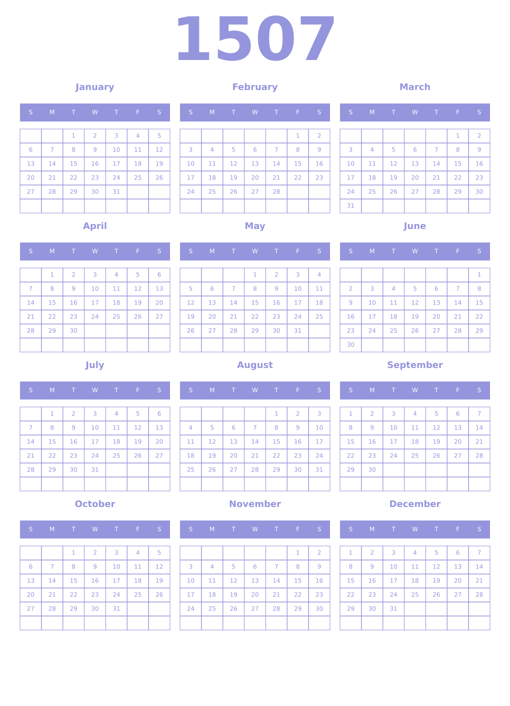 Printable 1507 Year Calendars periwinkle