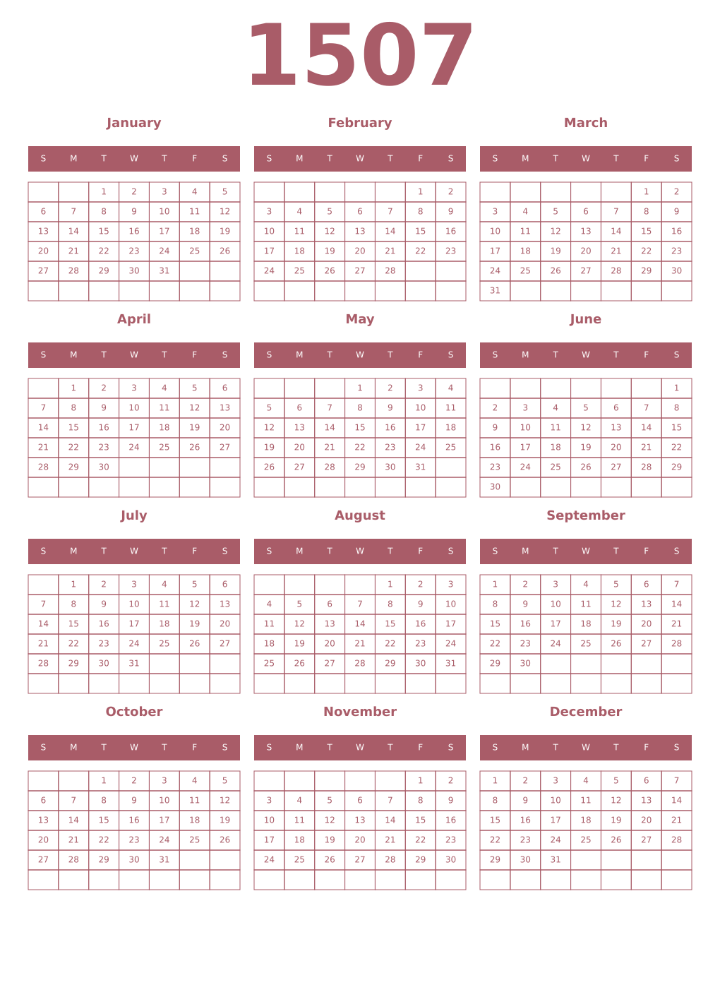 Printable 1507 Year Calendars puce