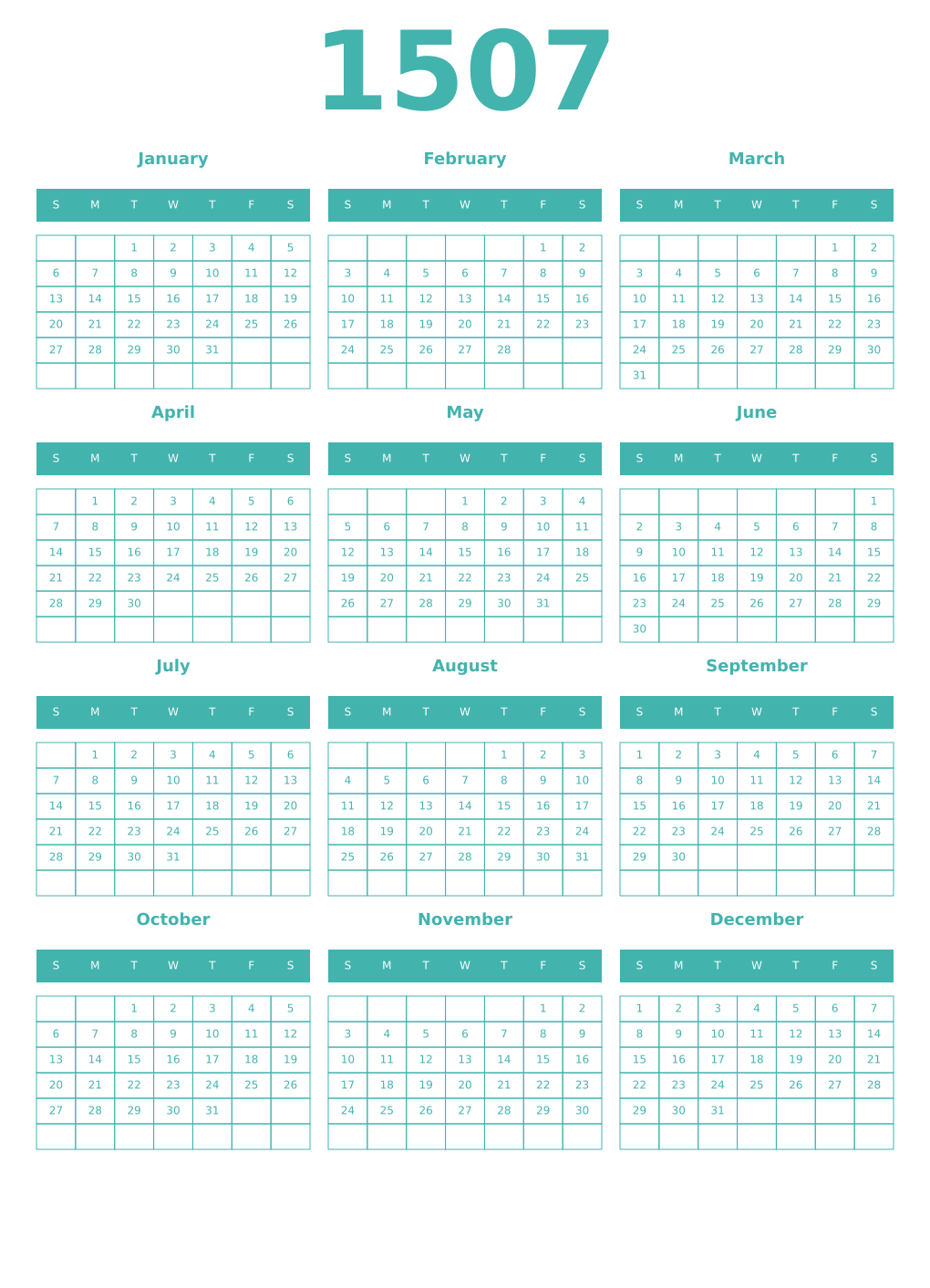 Printable 1507 Year Calendars verdigris