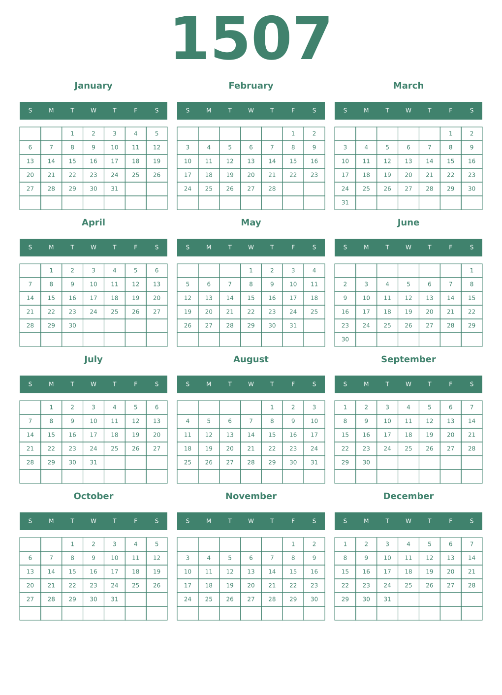 Printable 1507 Year Calendars viridian