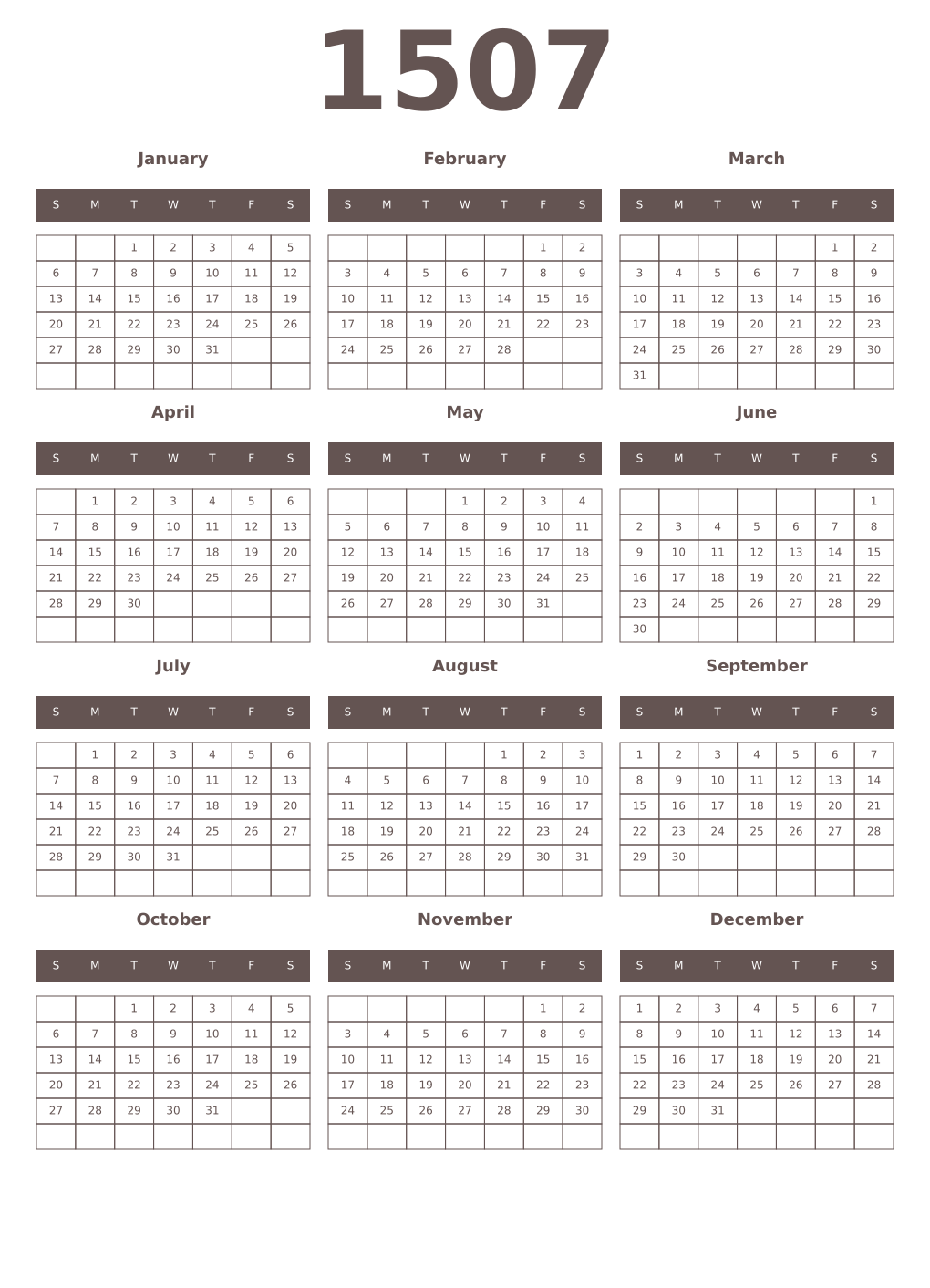 Printable 1507 Year Calendars wenge