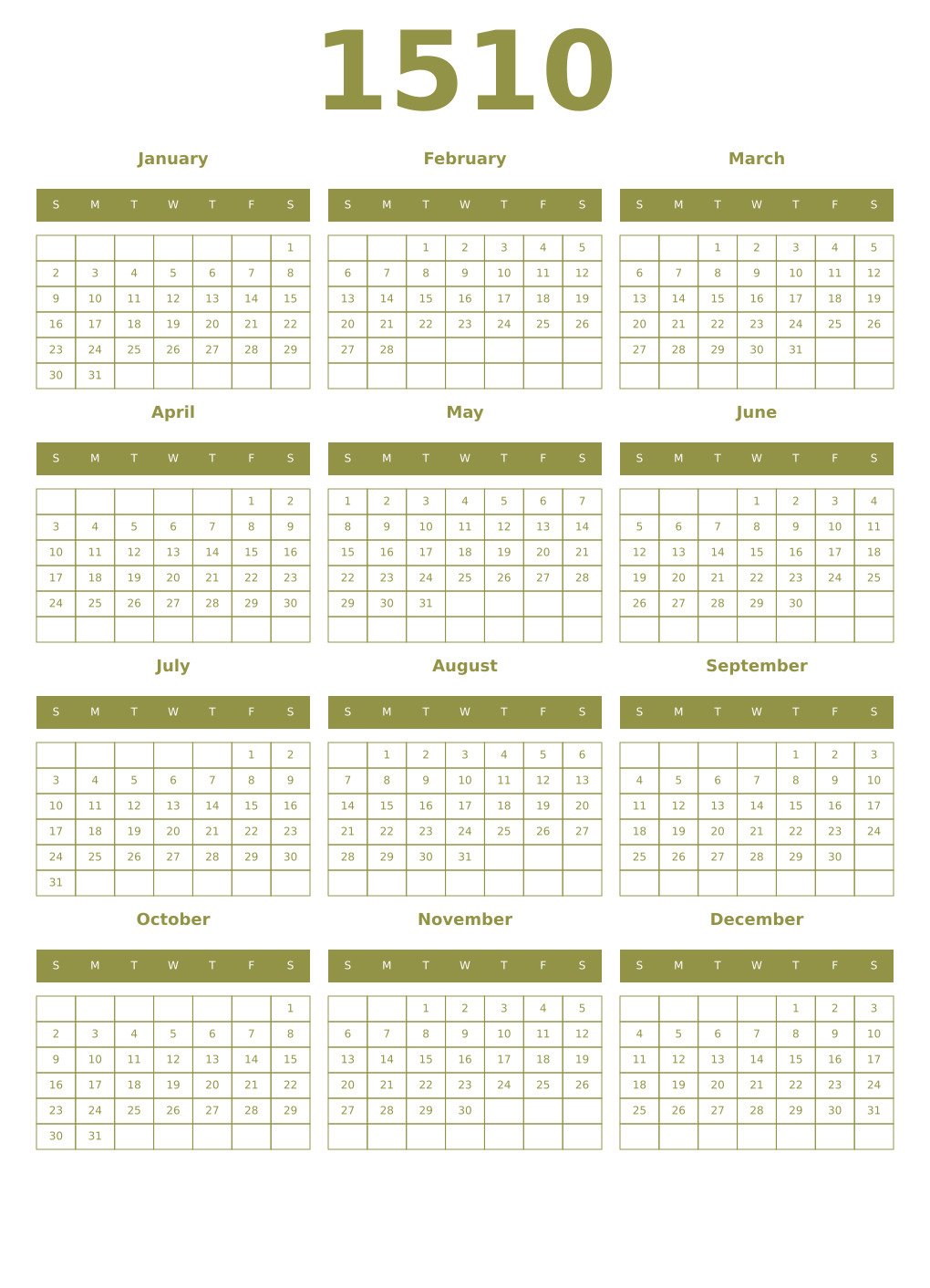 Printable 1510 Year Calendars eburnean