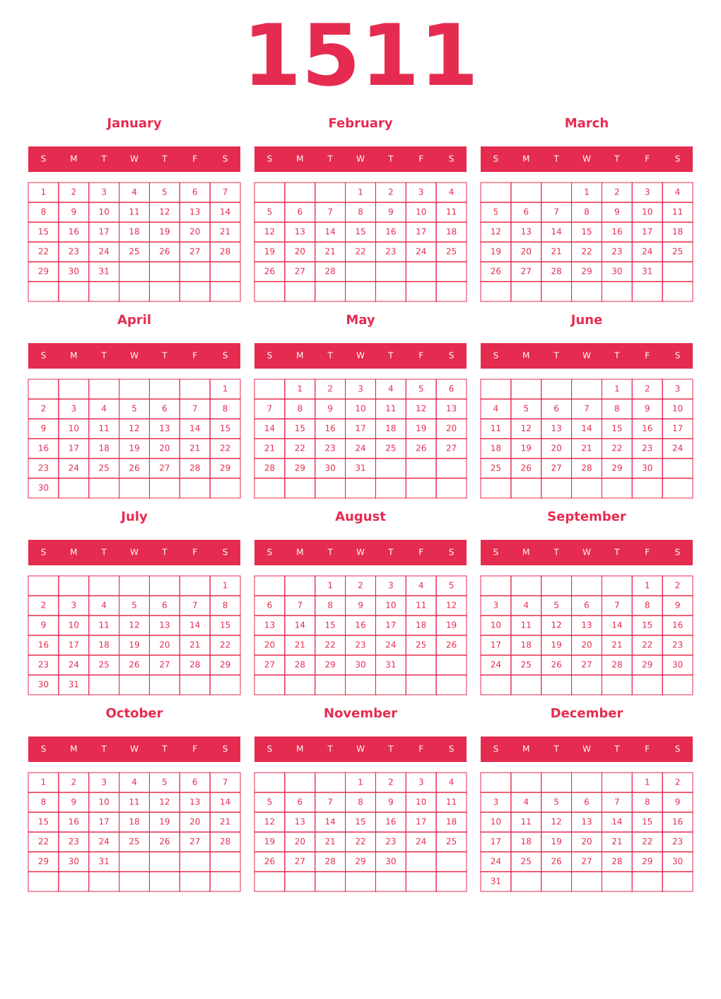 Printable 1511 Year Calendars amaranth