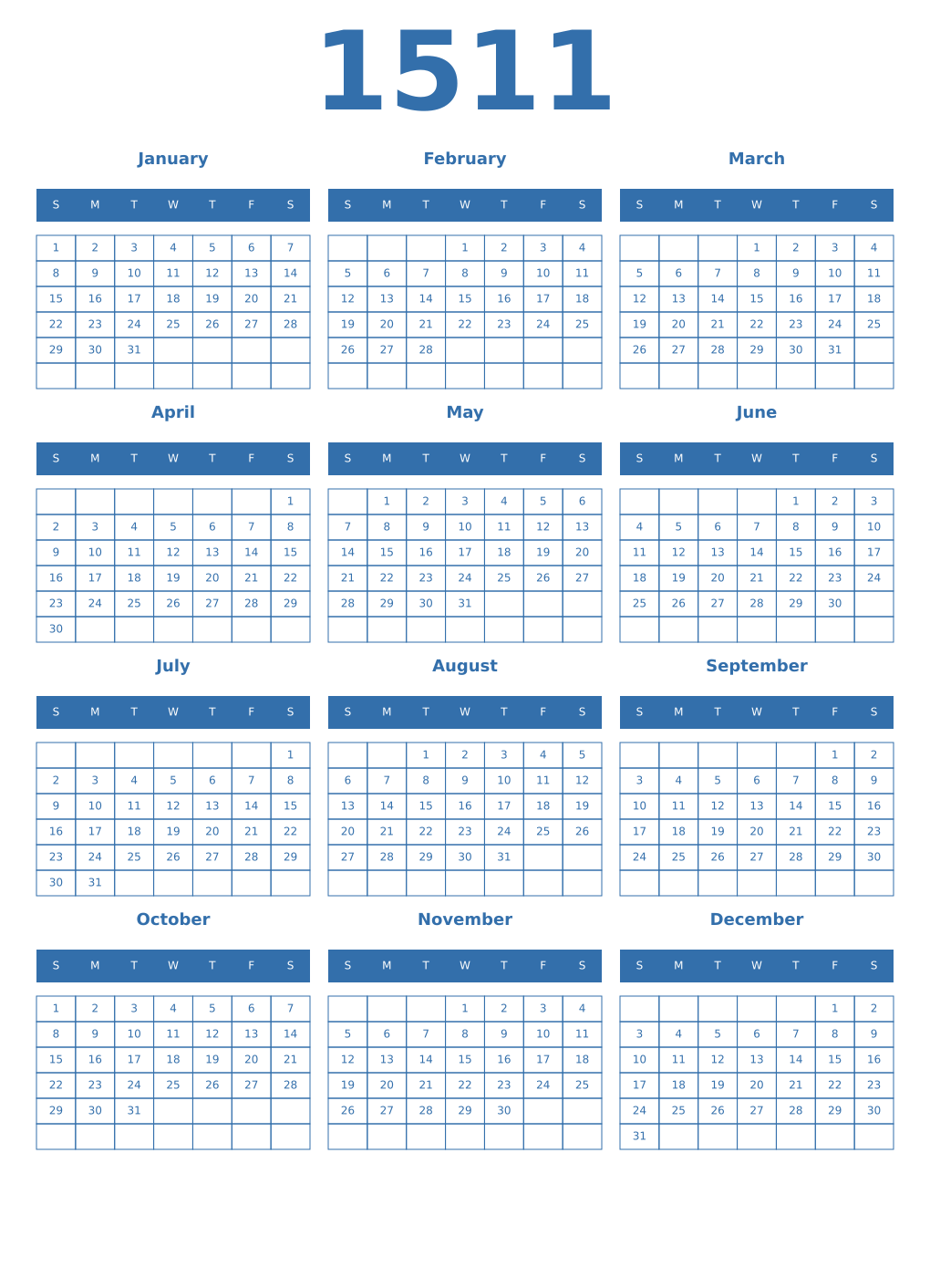 Printable 1511 Year Calendars blue
